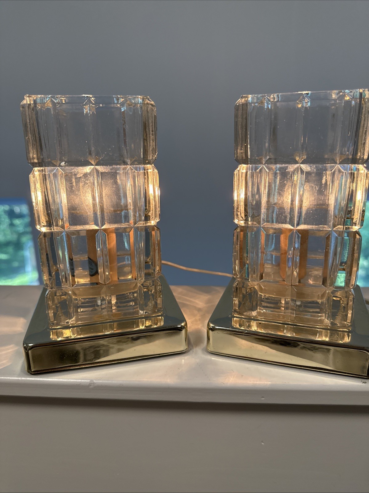 Vintage Faceted Crystal Gilbert Square Clear Block Lamp PAIR Hollywood MCM 🤩WOW