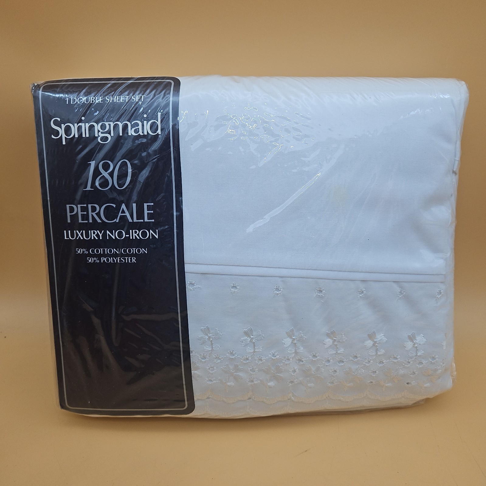 Vintage Springmaid 180 Percale Double Sheet Set NOS New White Floral Design 