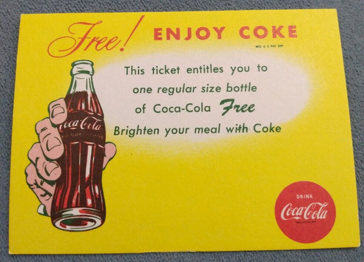 1965 Coca Cola Coke Ticket/Free Bottle Enjoy Coke/Brighten Your Meal With Coke 1965 Coca Cola Coke Ticket/Free Bottle Enjoy Coke/Brighten Your Meal With Coke