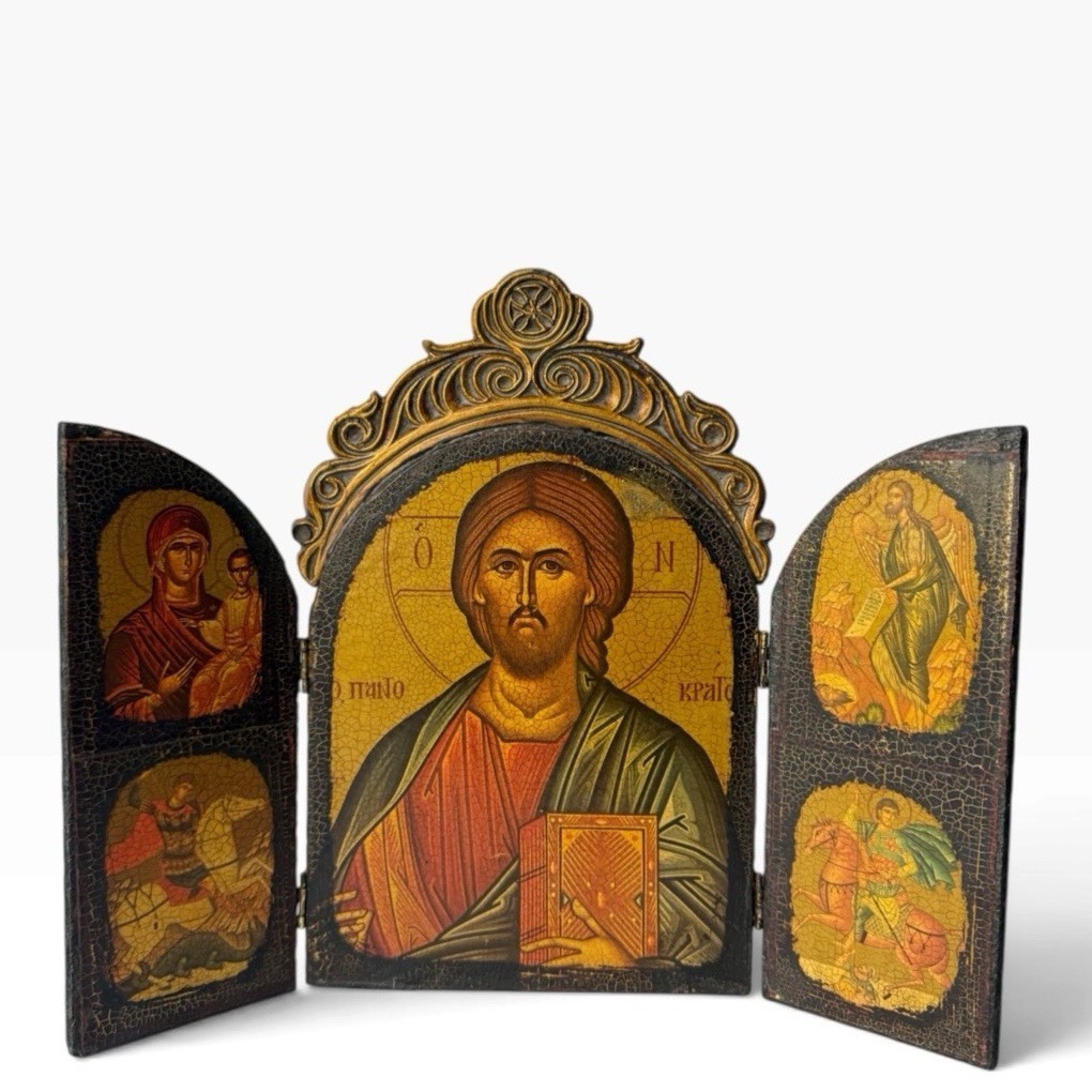 Vintage Jesus Christ Pantocrator Greek Orthodox Icons Tabletop Triptych Gilt