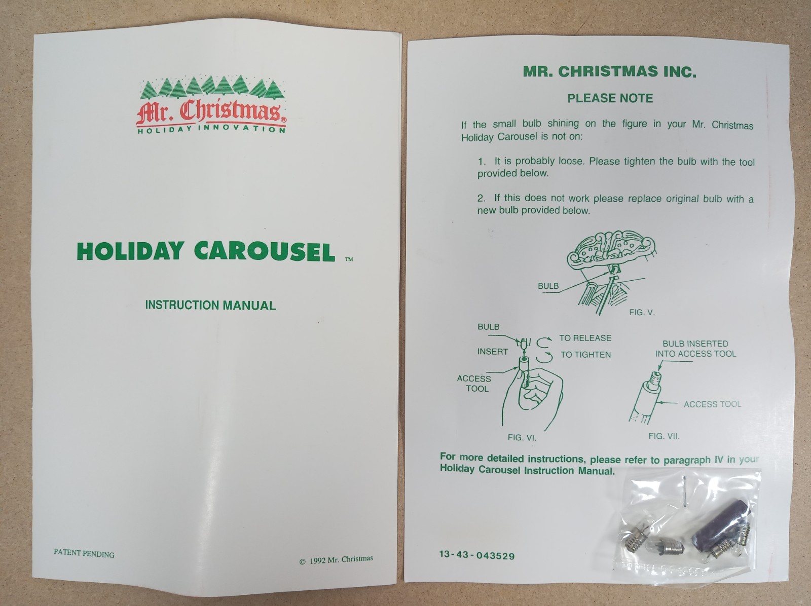 1992 Mr. Christmas Holiday Carousel Original Instruction Manual Spare Bulbs Tool
