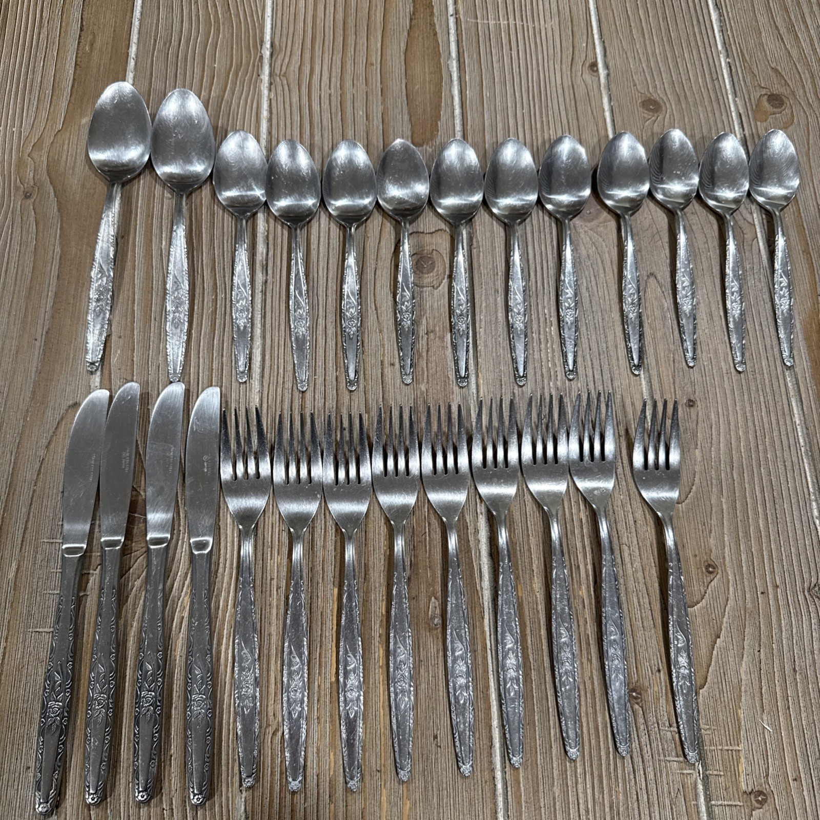 26pc Vintage Interpur Single Rose Stainless Flatware Japan INR7 MCM Spoons Forks 26pc Vintage Interpur Single Rose Stainless Flatware Japan INR7 MCM Spoons Forks