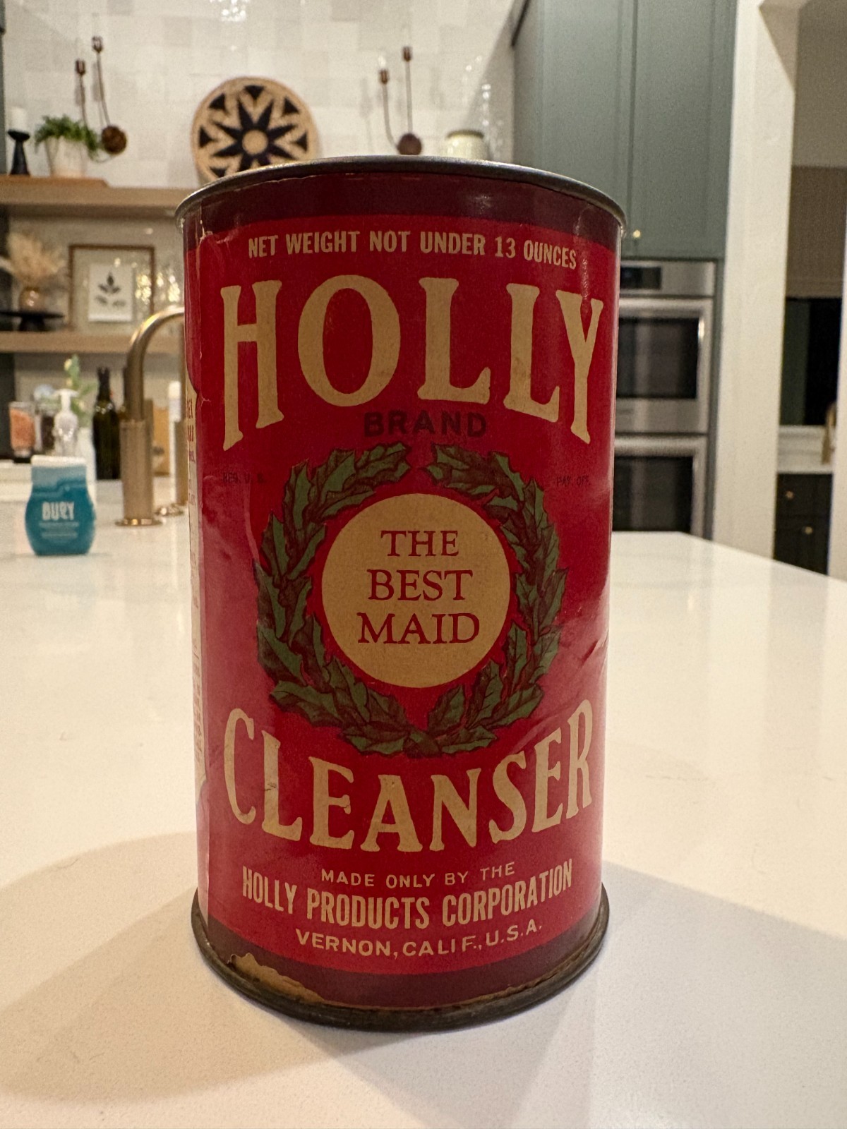 RARE VTG 1930s HOLLY CLEANSER SEALED TIN CAN VERNON CALIFORNIA ADVERTISING NOS