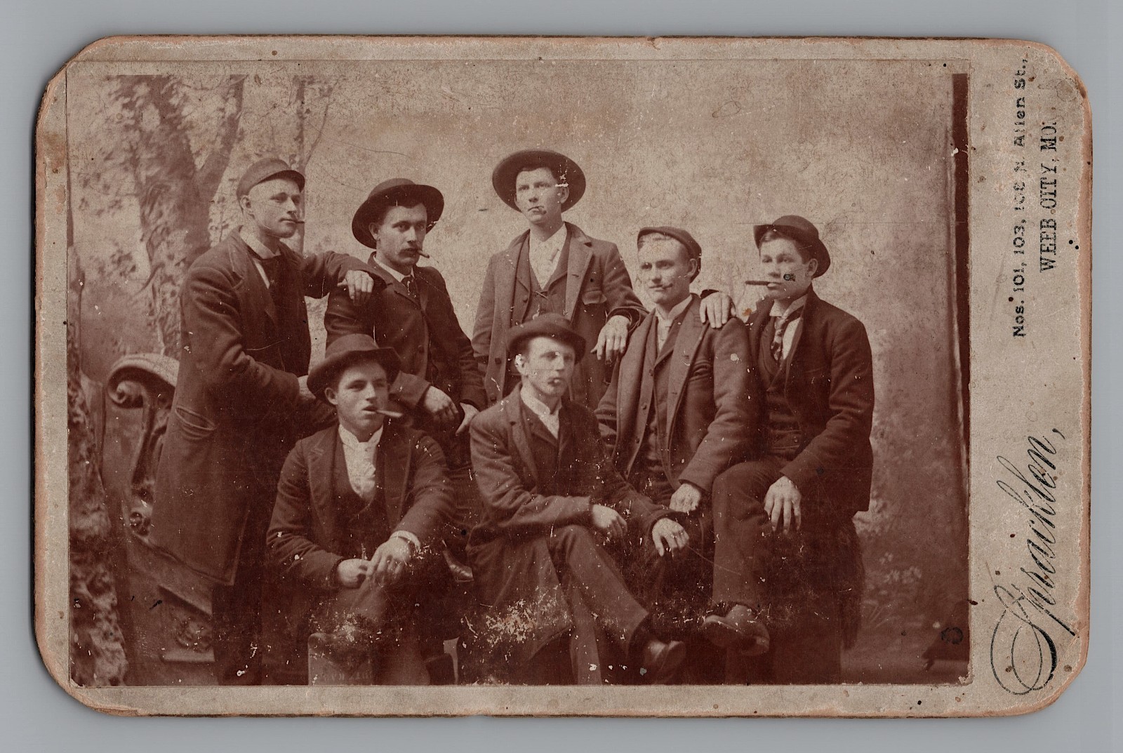 1890s Cabinet Photo 7 Men Smoking Cigars Hats Spracklen Webb City MO 1890s Cabinet Photo 7 Men Smoking Cigars Hats Spracklen Webb City MO