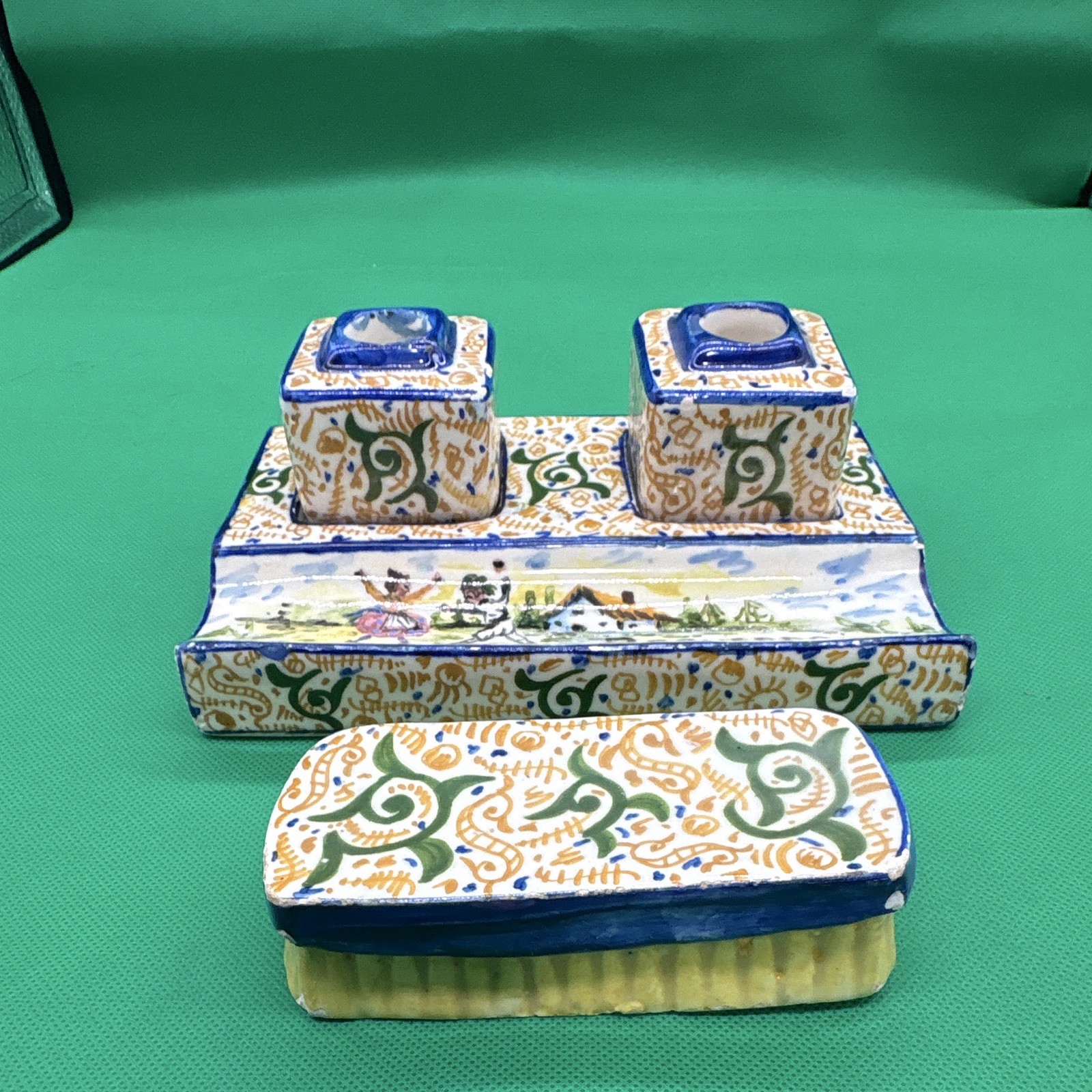 vintage HB Quimper double inkwell desk vintage HB Quimper double inkwell desk