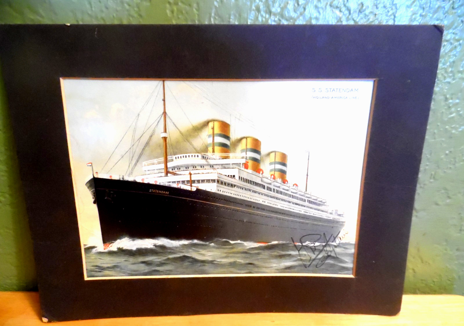 1920\'S S.S. STATENDAM HOLLAND AMERICA LINES MATTED PRINT SGND BY CAPTAIN & CREW