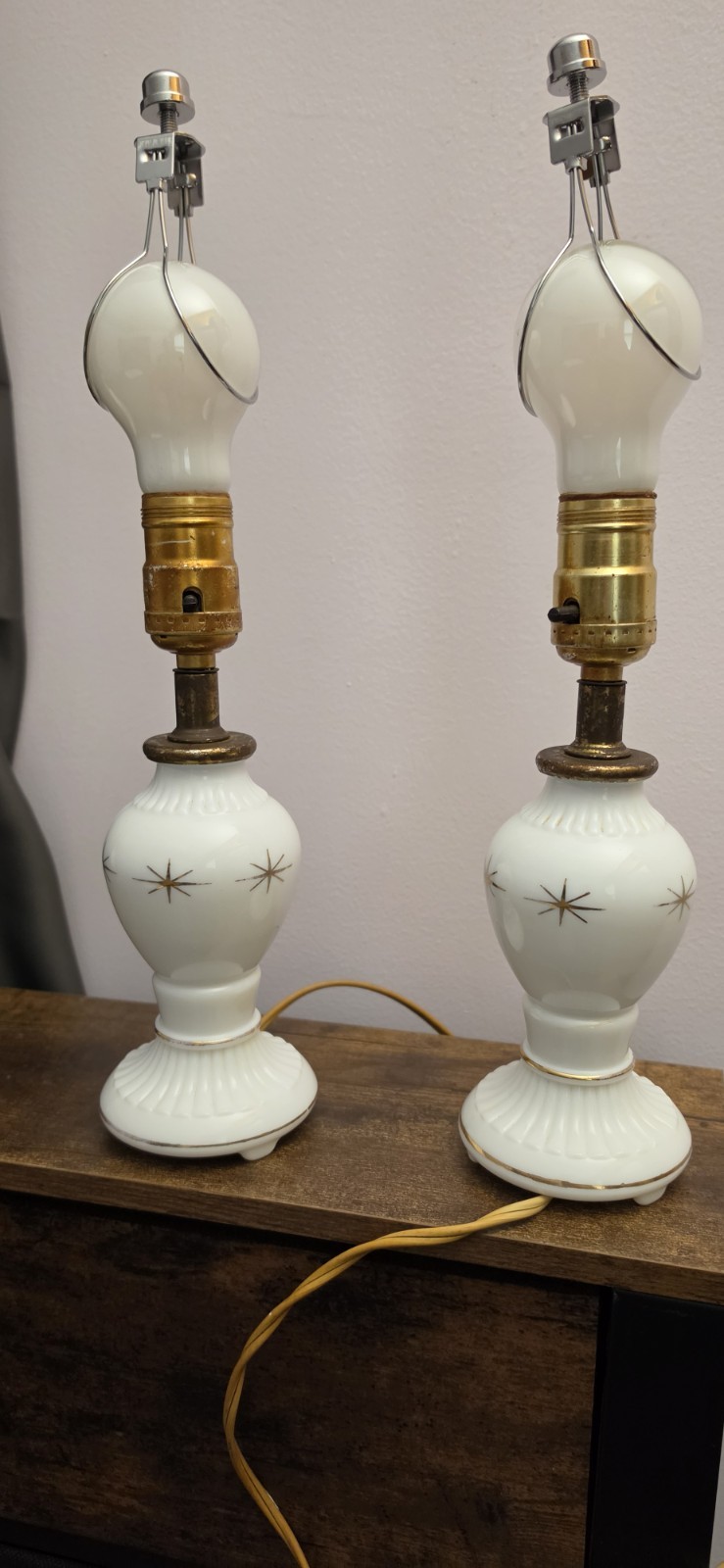 VTG MCM Atomic Gold Starburst Table MILK Glass Lamp Set Light Retro  USA