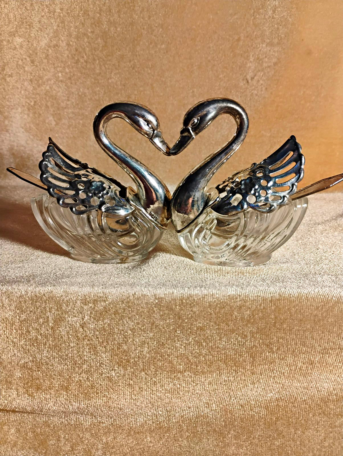 Crystal and silver (plated) Swan Salt Cellars Set of 2 w/ Spoons