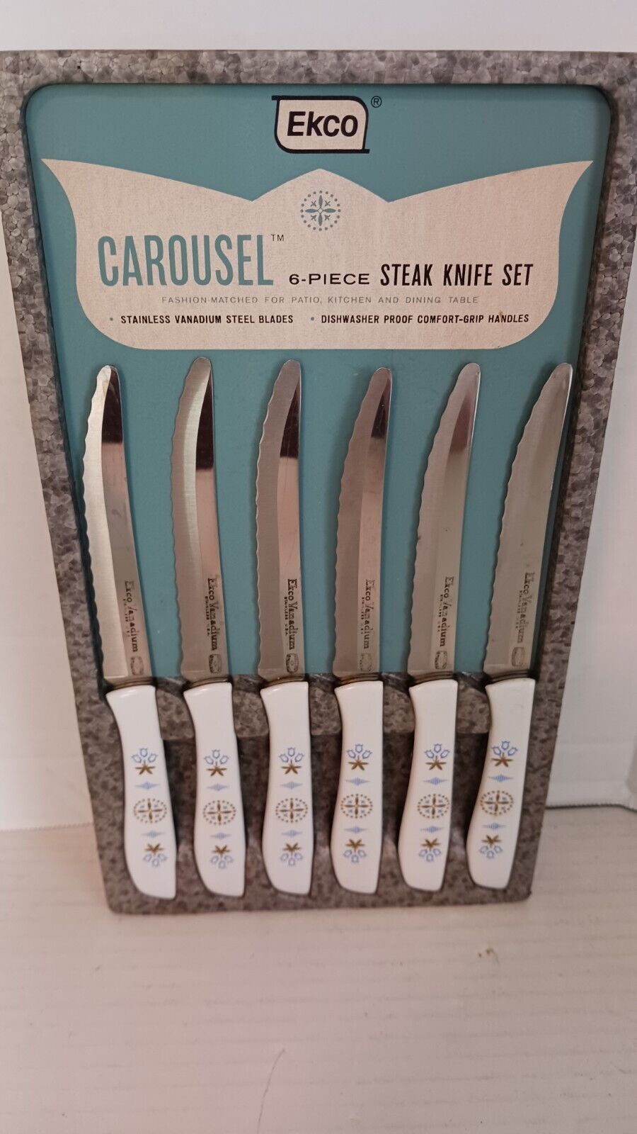 Vintage NOS Ekco 1963 Carousel Blue Dutch 6 Piece Vanadium Steak Knife Set