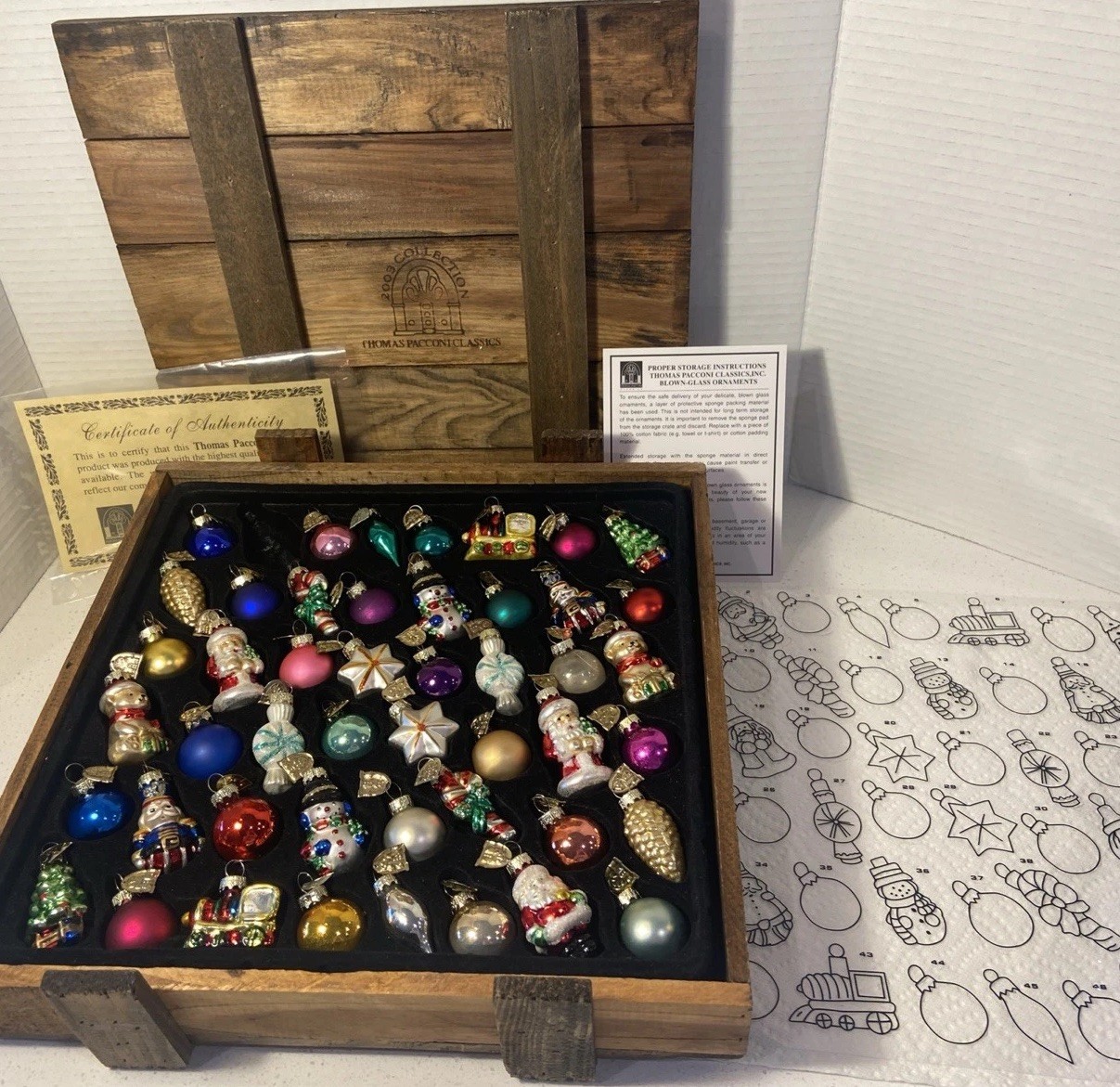 Thomas Pacconi Set of 48 Christmas Ornaments Museum Series Wood Crate COA READ Thomas Pacconi Set of 48 Christmas Ornaments Museum Series Wood Crate COA READ