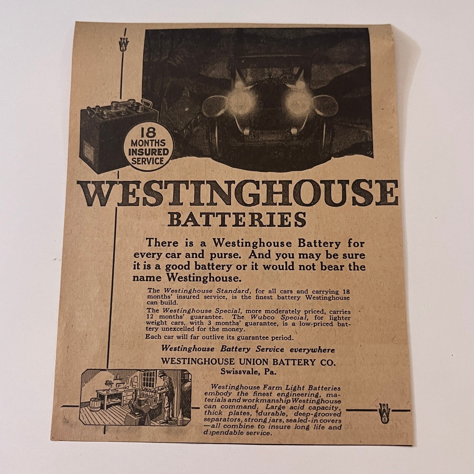 Westinghouse Union Battery Co. Standard & Special Swissvale PA 1923 Ad SAG8-H3 Westinghouse Union Battery Co. Standard & Special Swissvale PA 1923 Ad SAG8-H3