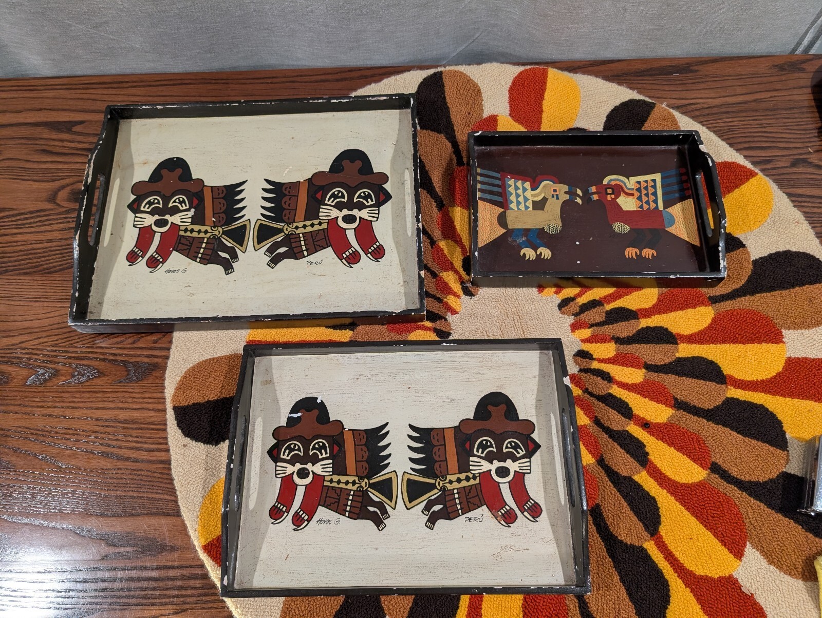 Set of 3 Vintage Peru Hand Painted Wood Trays Signed Hoyos G Andean Folk Art Set of 3 Vintage Peru Hand Painted Wood Trays Signed Hoyos G Andean Folk Art
