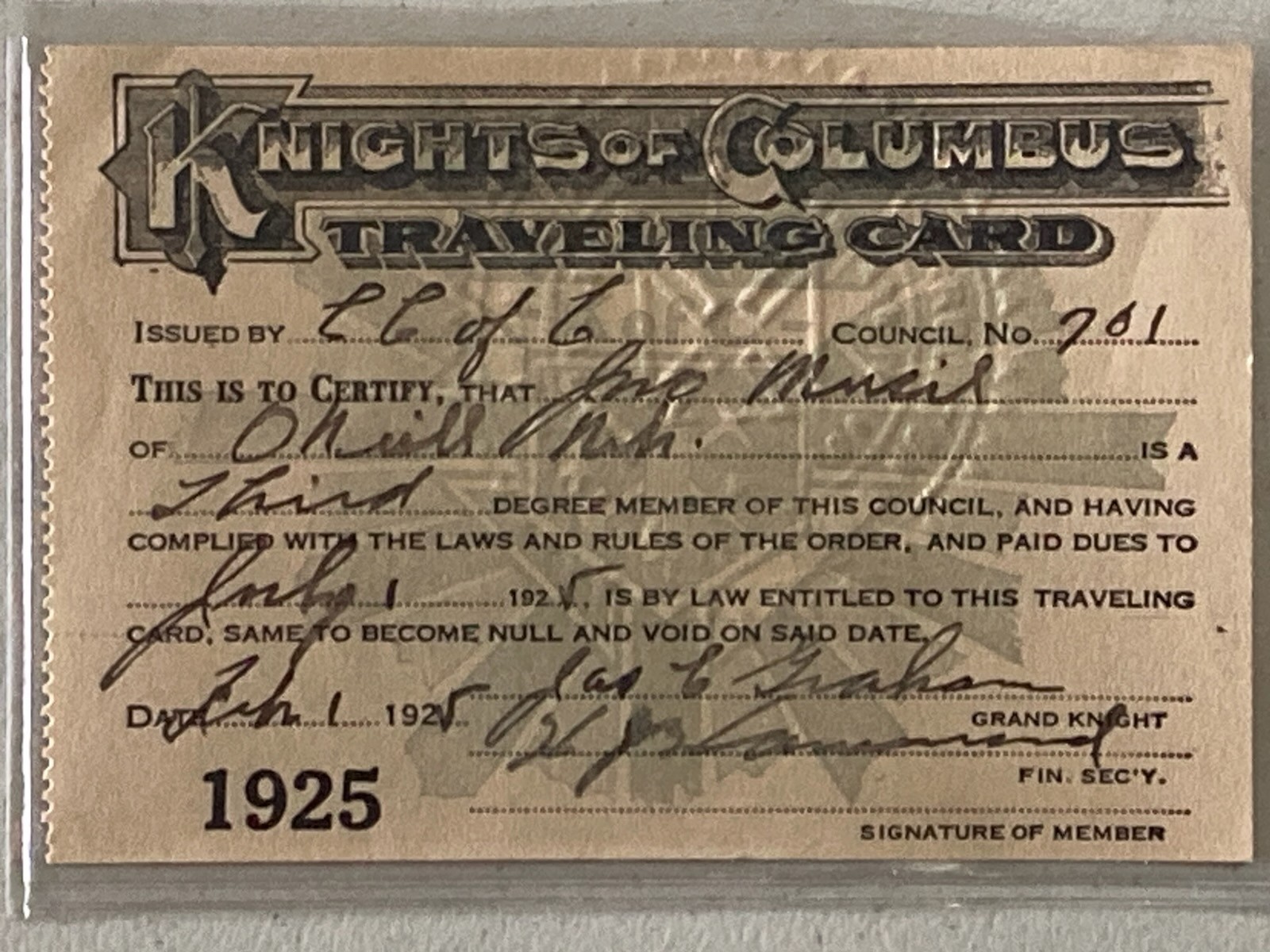 ANTIQUE 1925 KNIGHTS OF COLUMBUS TRAVELING Card ANTIQUE 1925 KNIGHTS OF COLUMBUS TRAVELING Card