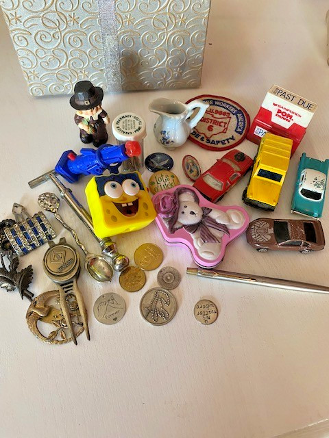 Vintage Collectibles Junk Drawer Lot: Coins Jewelry  Toys 27 pc