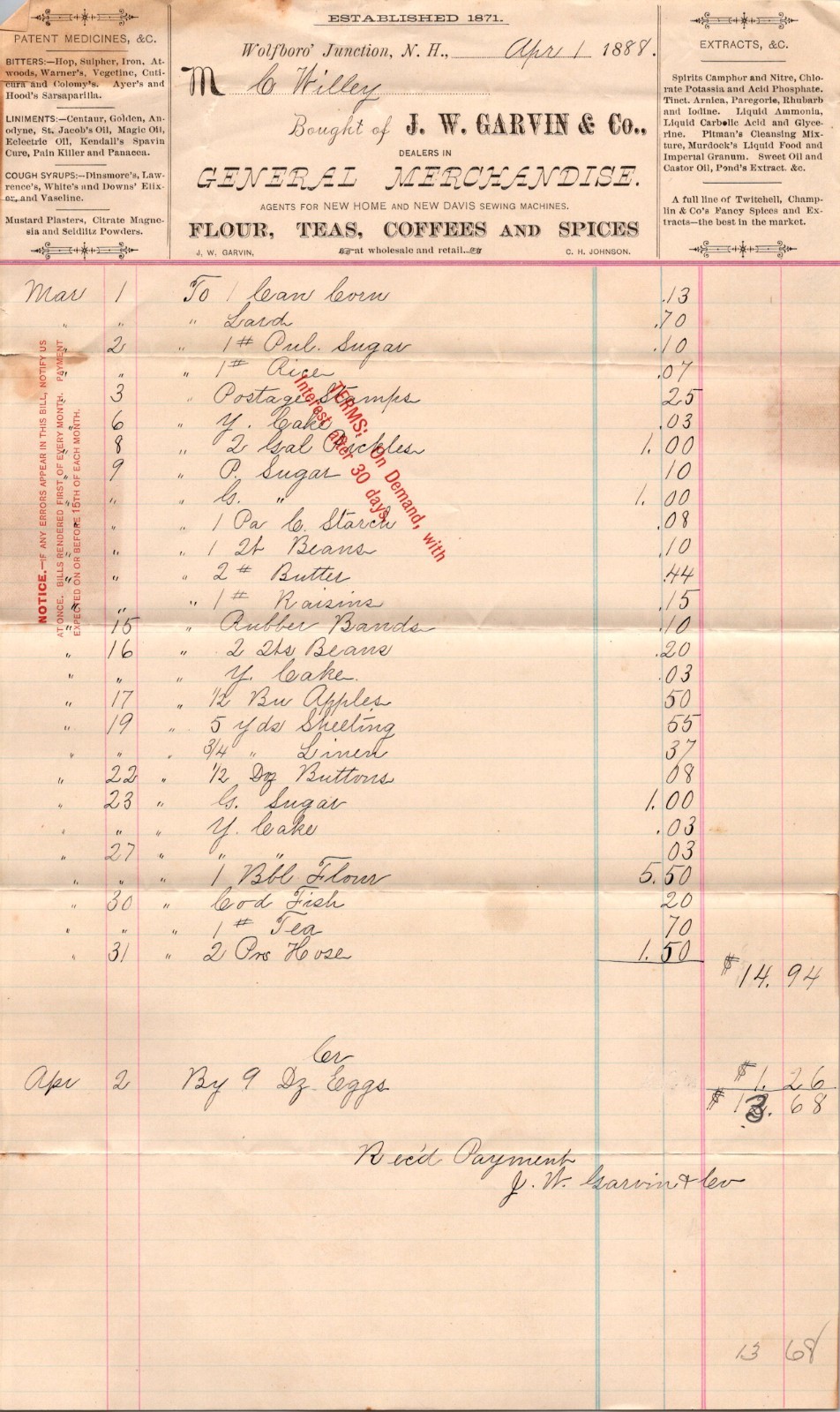 JW Garvin Co 1888 Est 1871 Wolfboro Junction NH Antique Letterhead Billhead TB3 JW Garvin Co 1888 Est 1871 Wolfboro Junction NH Antique Letterhead Billhead TB3