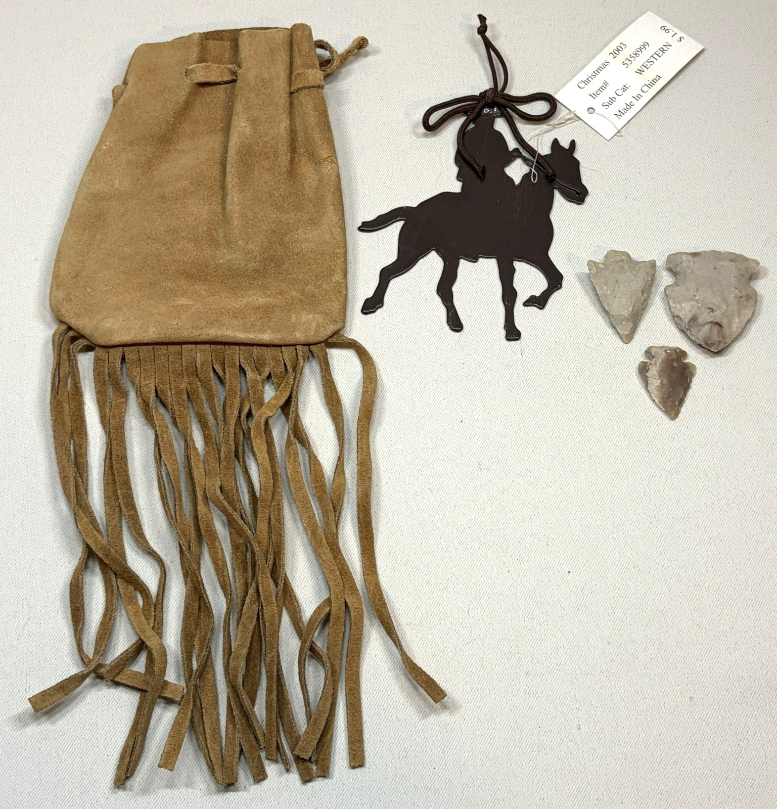  Vintage Western Southwestern Decor Lot Suede Fringe Pouch Arrowheads Ornament