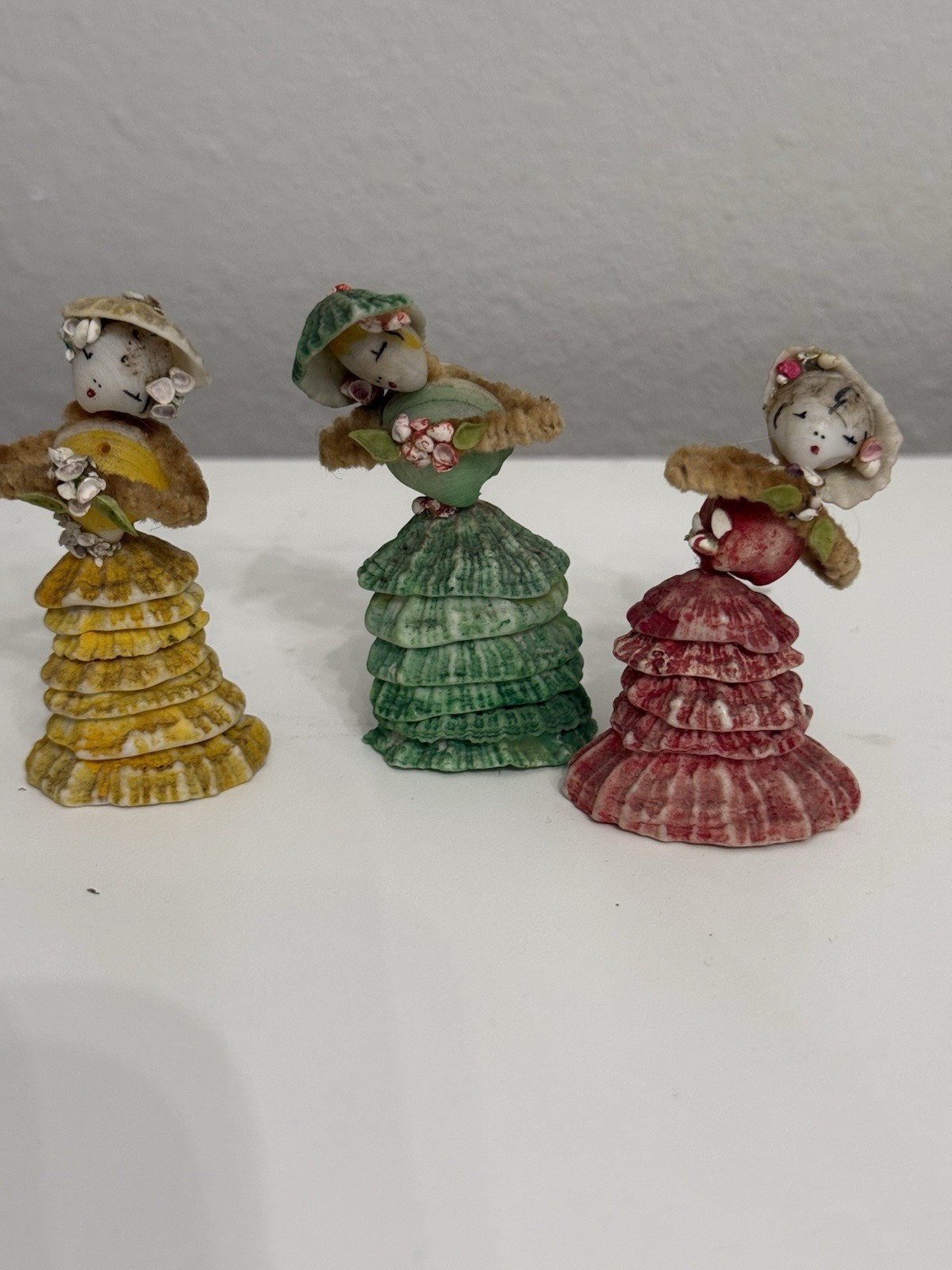 Vintage Seashell Lady Figurines Set of 3 Handmade Shell Art Miniatures Japan