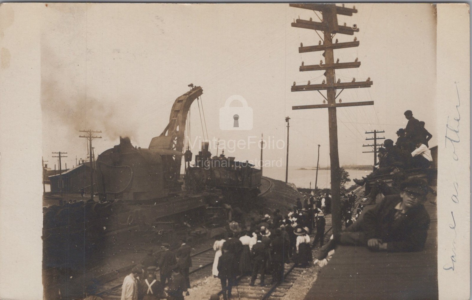 Railroad Train Wreck Steam Crane Locomotive Sandusky Ohio OH RPPC 1909 Postcard
