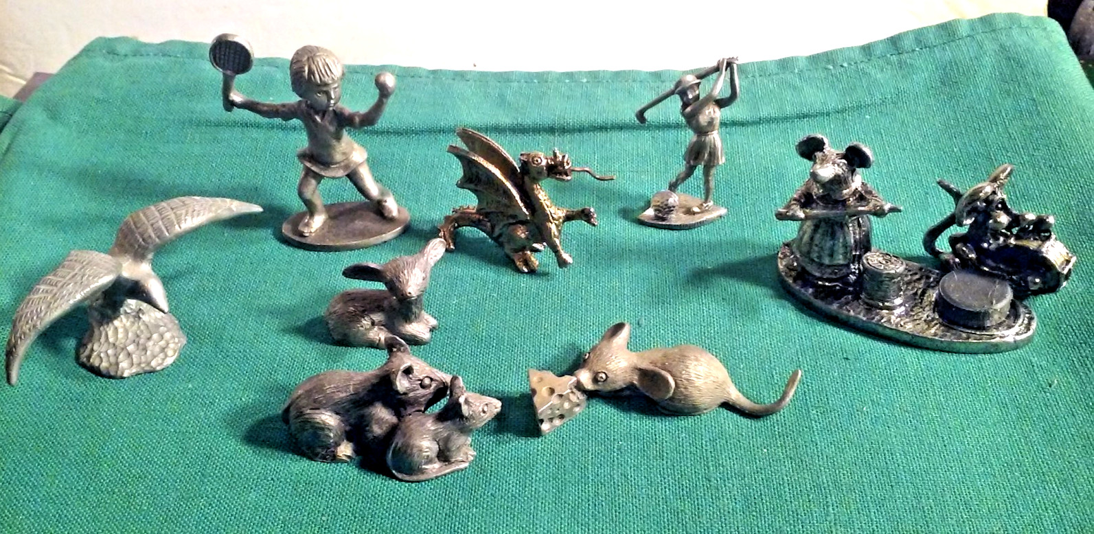 9 Retro Mini Pewter & Metal Figures Animals Mice Sports Most Marked Spoontiques+