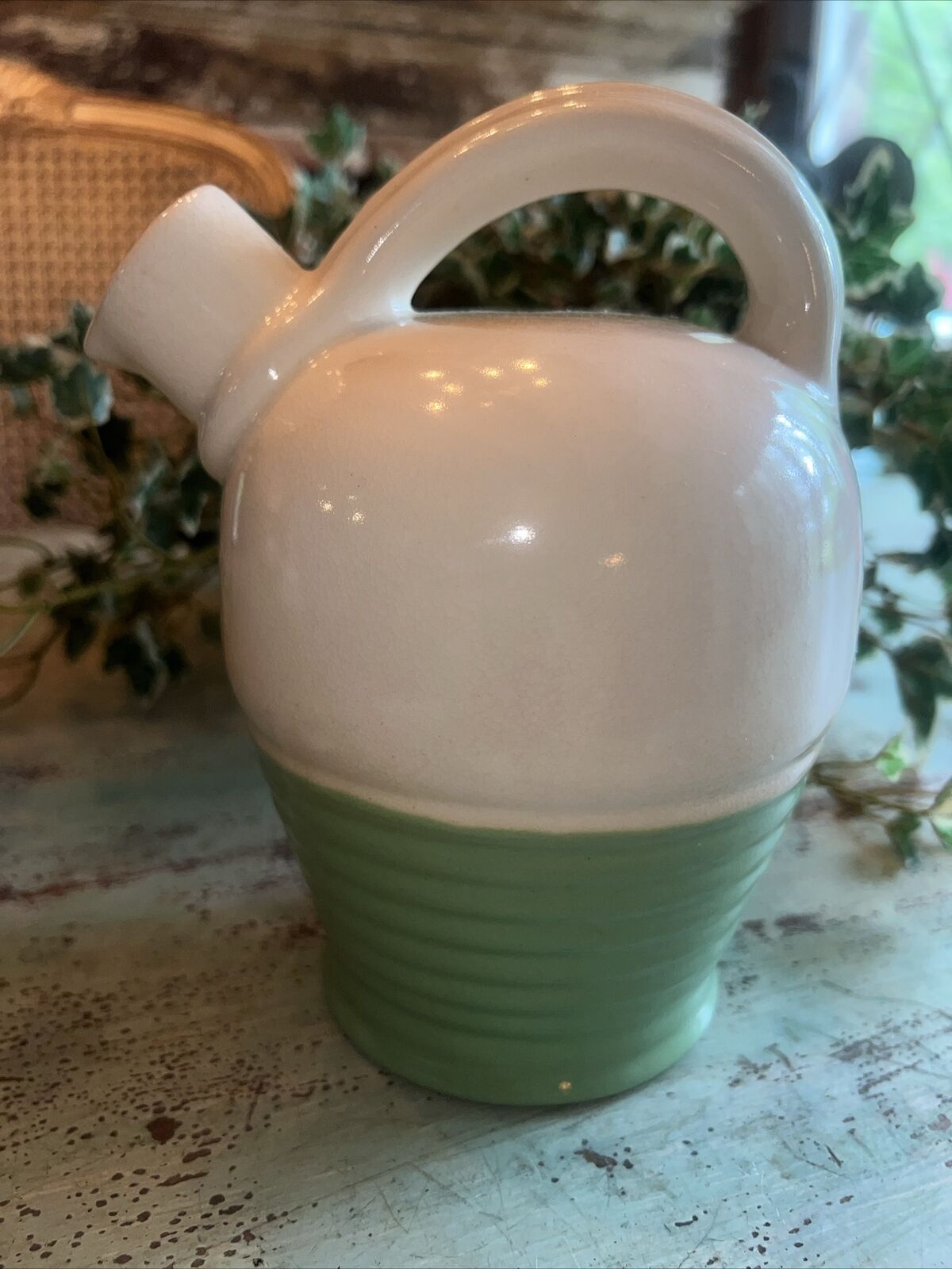 Vintage 1950\'s Stoneware Pottery Green & White Whisky Decanter Jug 8” Tall