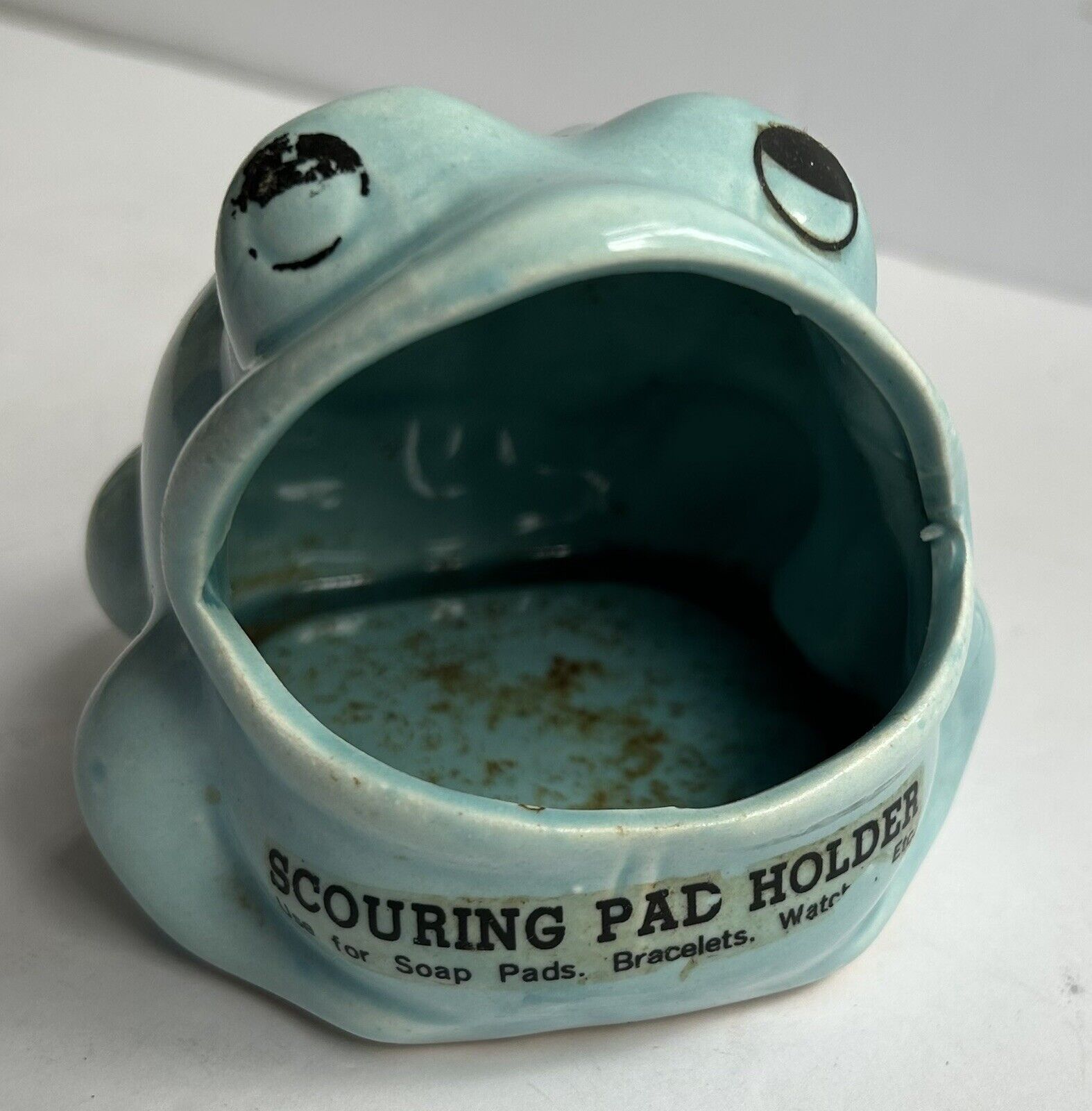 Vintage Wide Open Mouth Ceramic Frog Sponge Scouring Pad Holder Light Blue 1970s