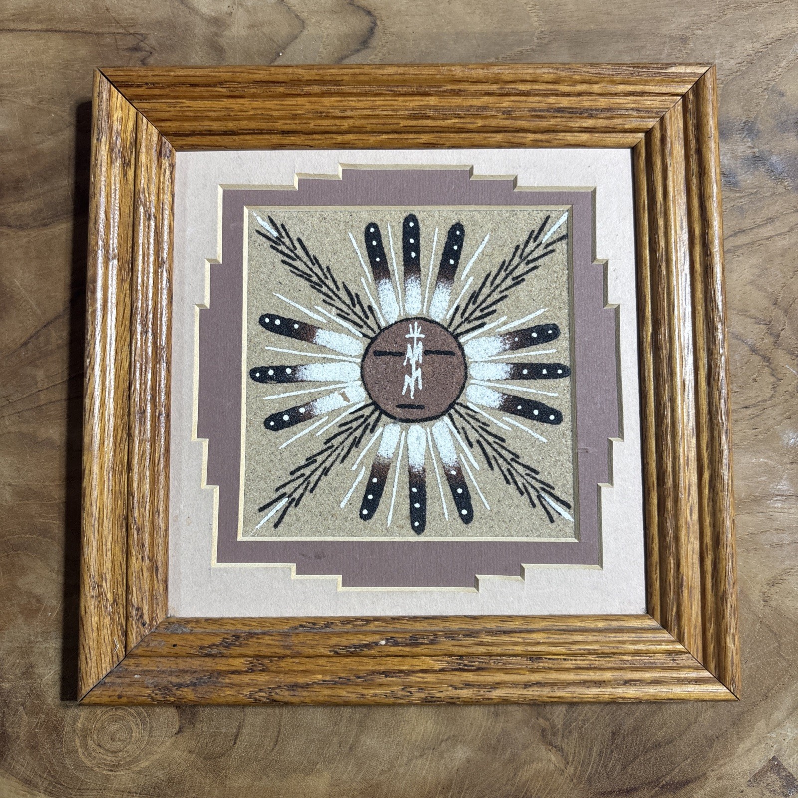 Vintage Matted And Framed Southwestern Navajo sand painting central sunburst