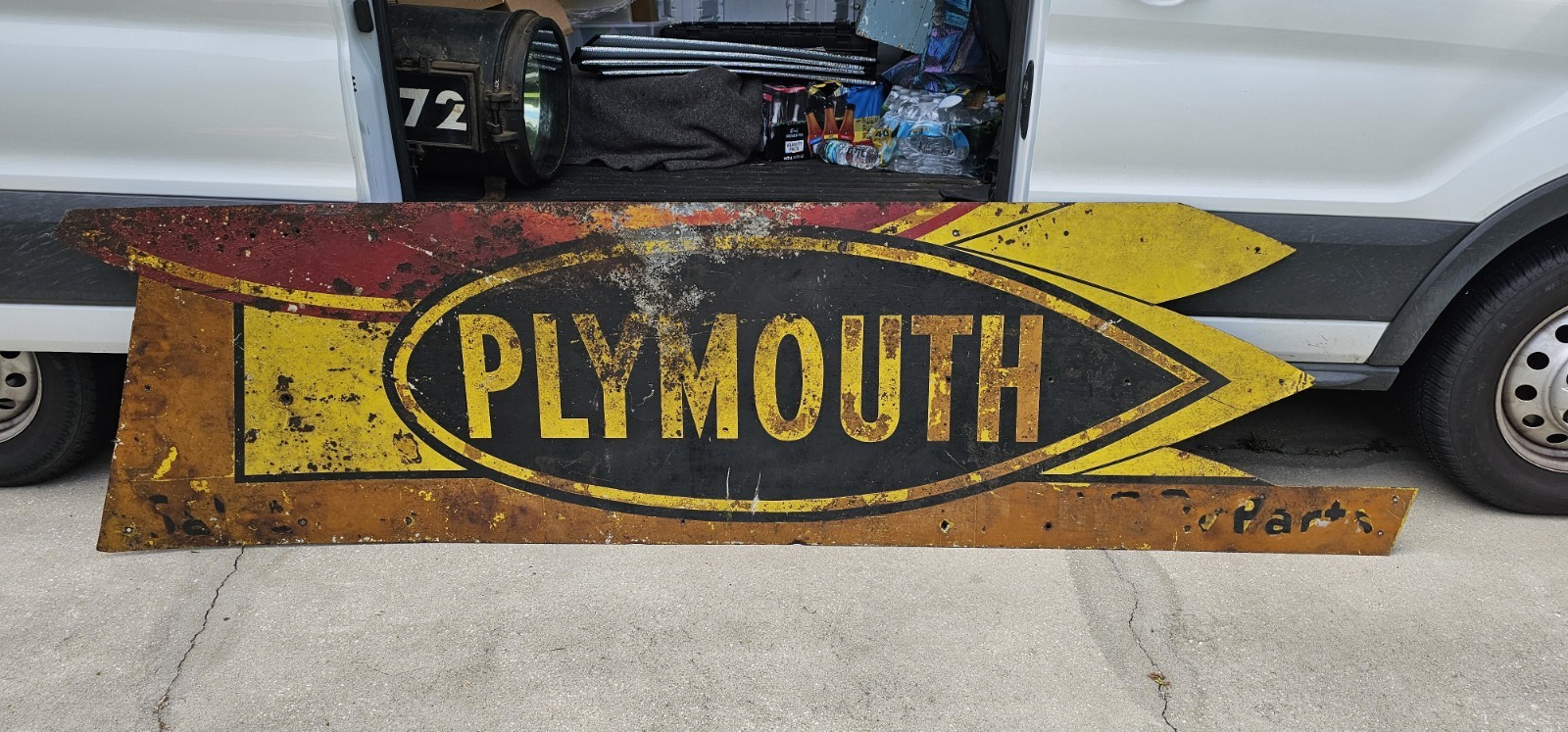 Huge 9 Ft Vintage Double Sided Plymouth Car Dealer Parts Service Sign Hanger Huge 9 Ft Vintage Double Sided Plymouth Car Dealer Parts Service Sign Hanger