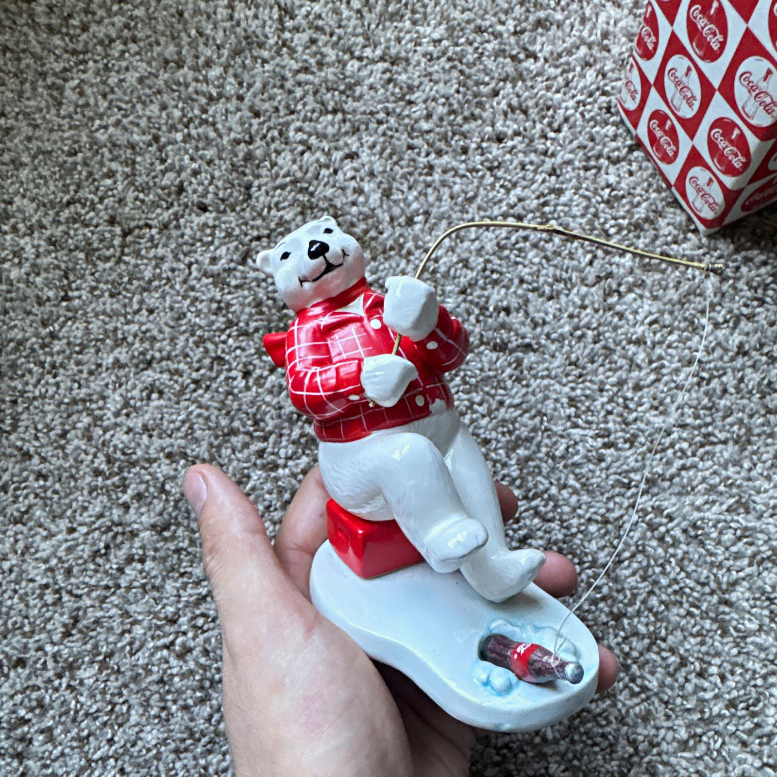 Coca-Cola Ceramic Polar Bear Figurine Always Ice Fishing 1995