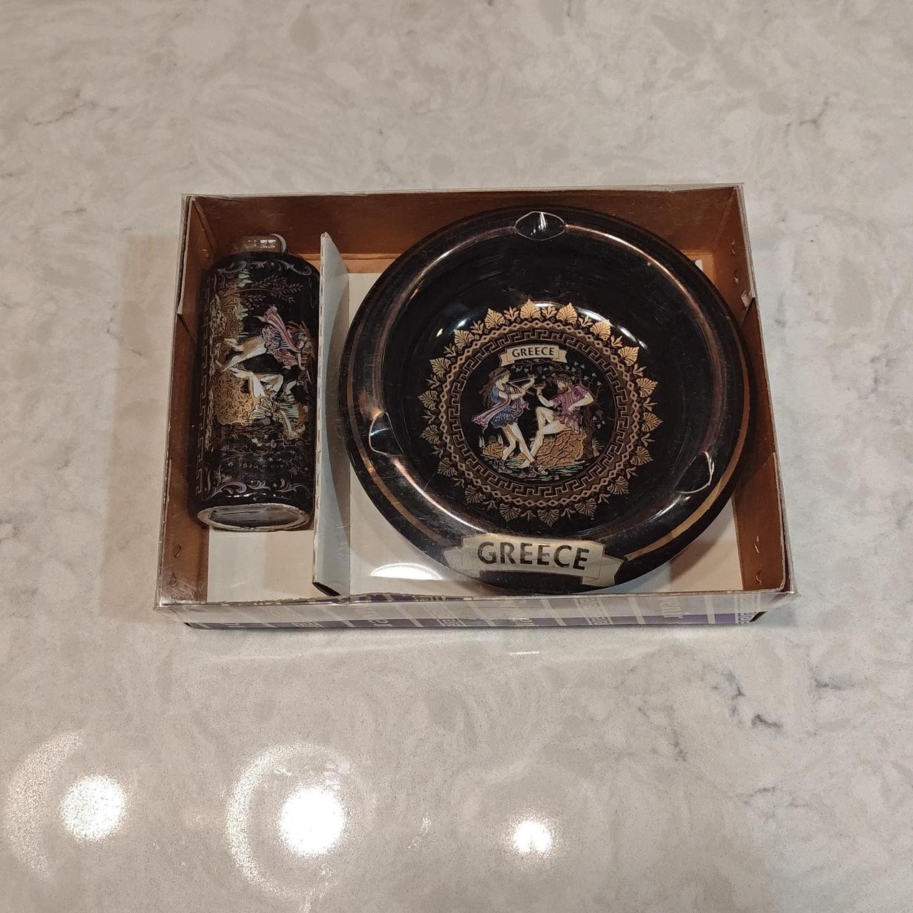 Vintage Greek “Special Fintias” Ashtray & Table Lighter Set– Handmade w 24K Gold
