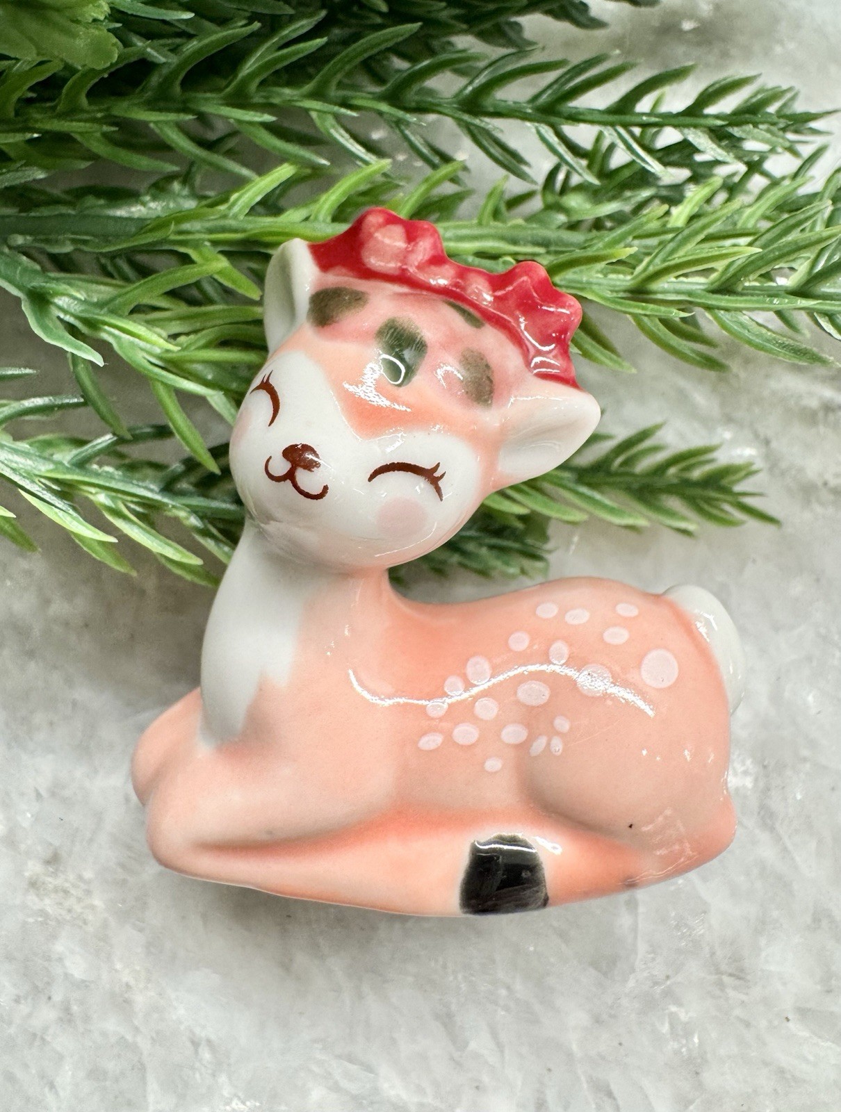 New MINI Pink Christmas Reindeer Deer Fawn w/ Red Bow Ceramic Figure - 1.75”