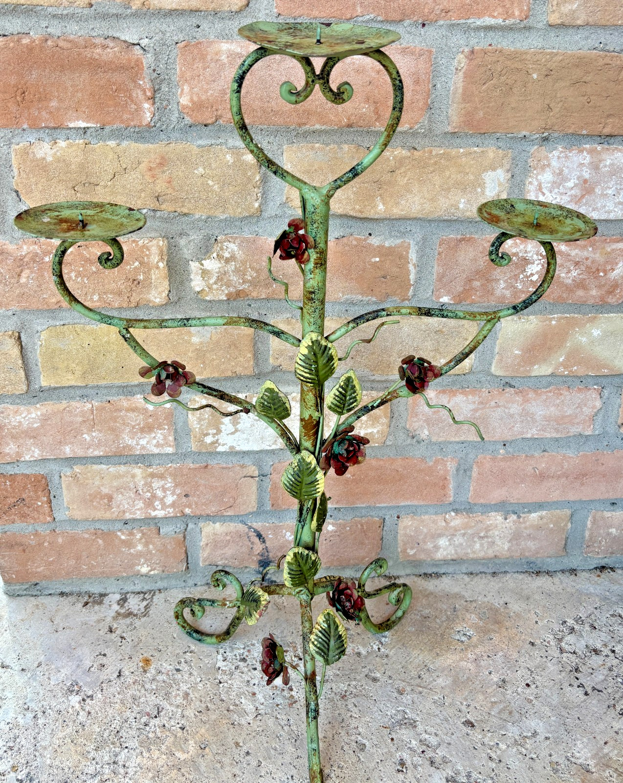 Vintage Italian Toleware Candelabra 3 Candle Holder Roses Metal Pillar 27\