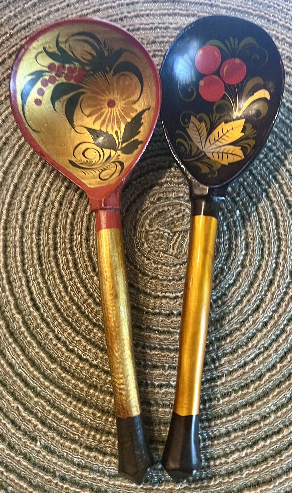 Set of Two Vintage Hand Painted Decorative Wood Soup Spoons Asian Lacquer Spoons