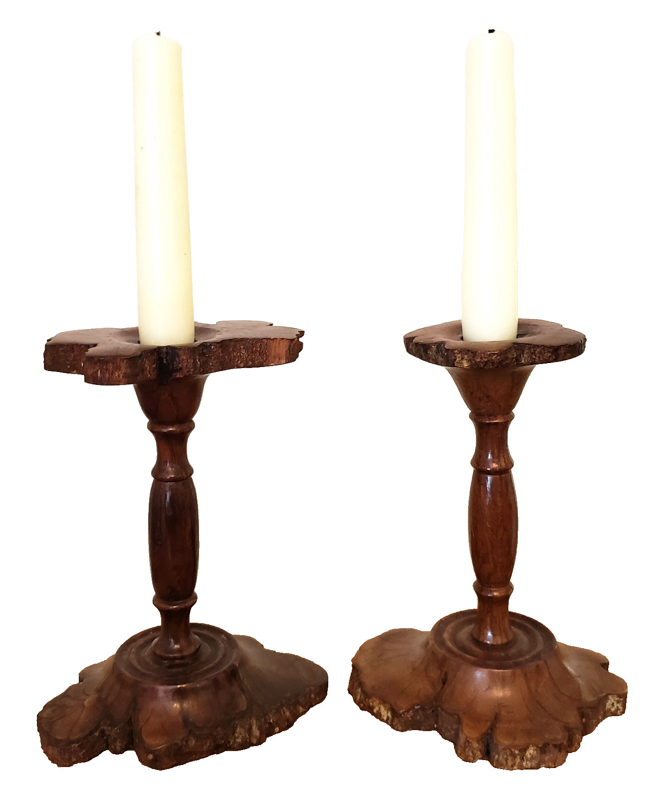 EARLY Antique 18th-19th C LIVE EDGE Wood CARVED Pair Candleholders OOAK Burl??