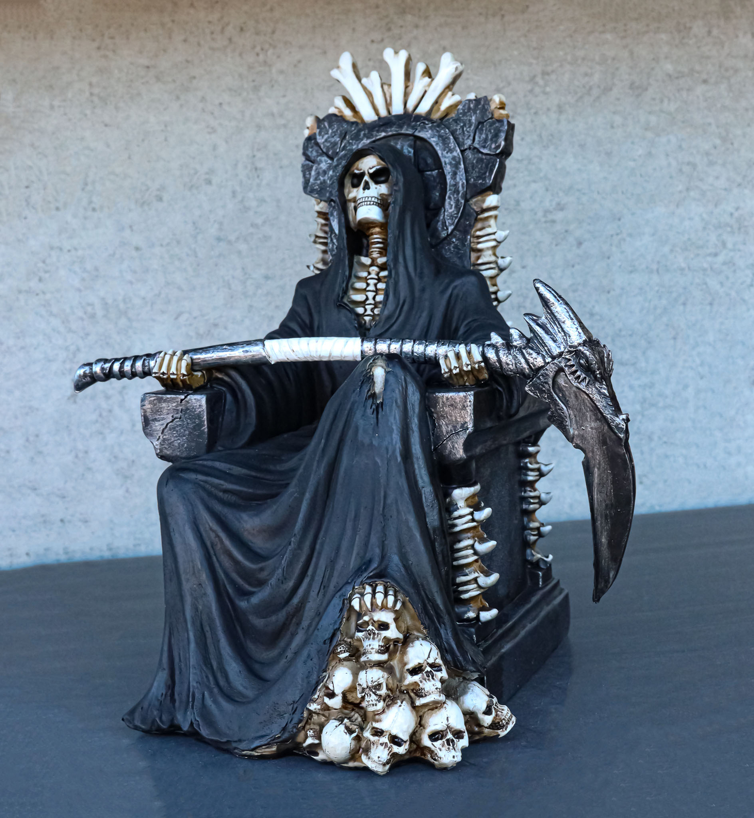 Black Holy Death Grim Reaper Sitting On Skeleton Skull Throne Figurine 10.5 Black Holy Death Grim Reaper Sitting On Skeleton Skull Throne Figurine 10.5