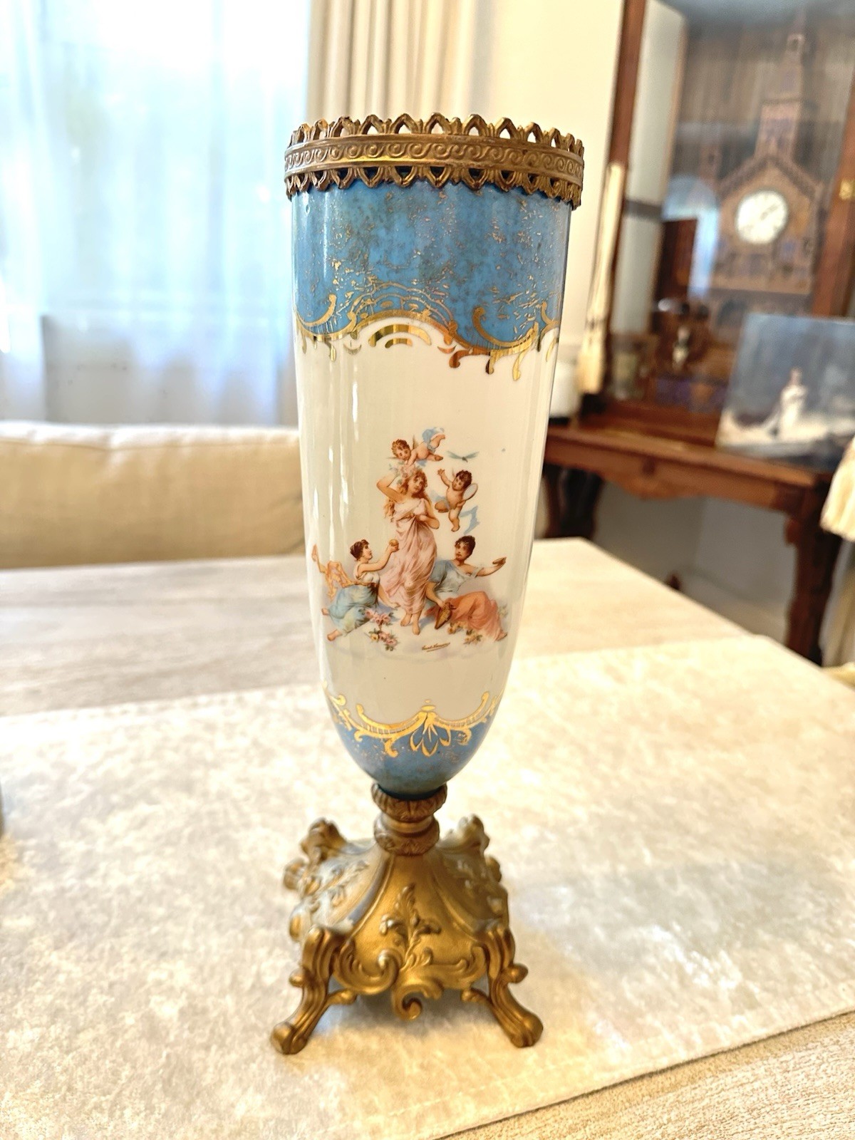 Antique Porcelain Portrait Vase Carl Larsen Gilt Ormolu Sevres Celeste Blue 13”