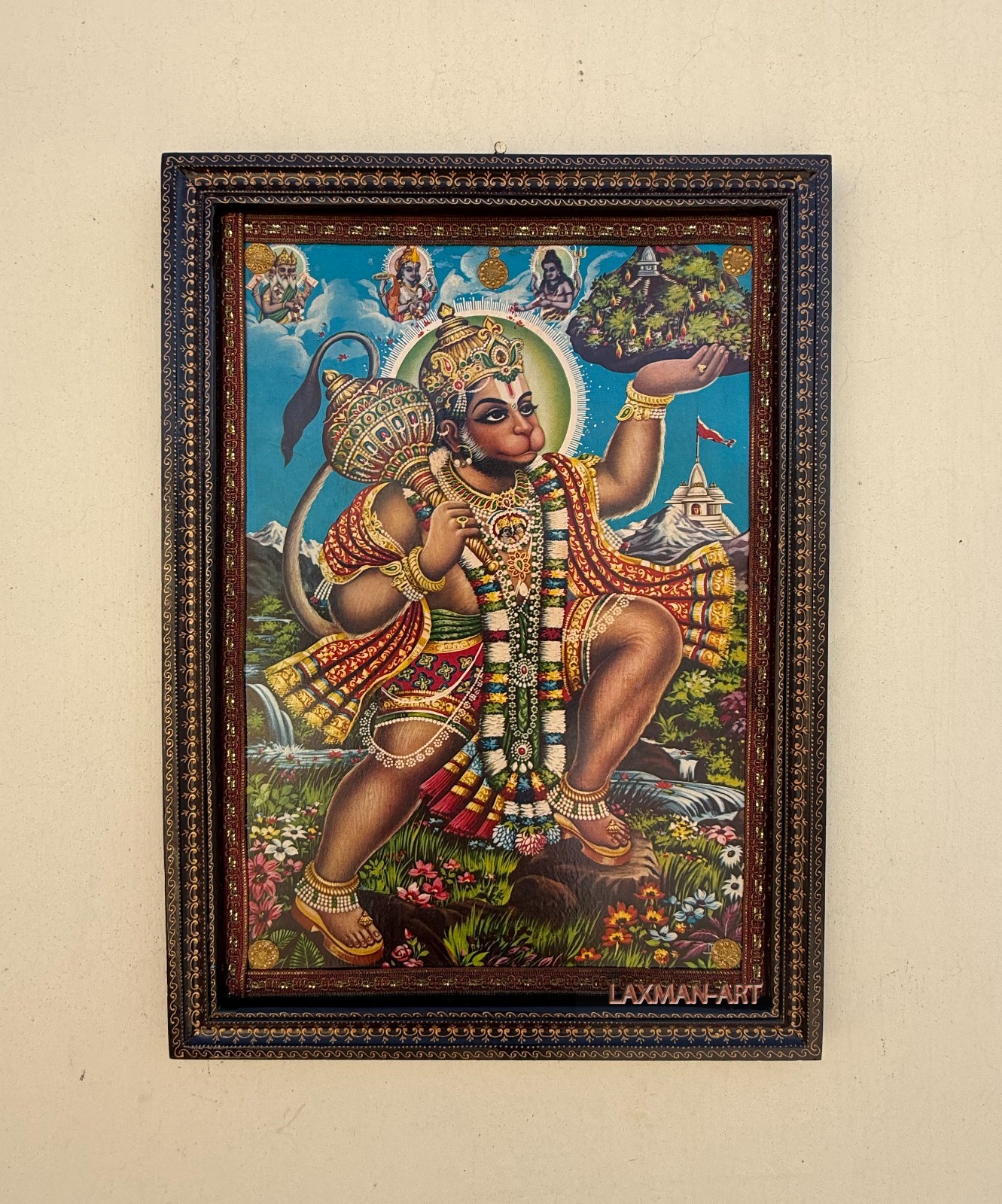Vintage Hanuman Photo Indian God Print in Hand-Painted Wooden Frame - 16 x 22 