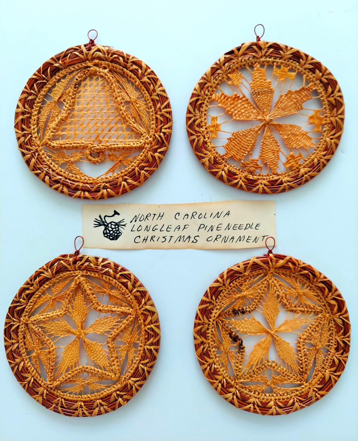 Vintage North Carolina Longleaf Pine Needle Christmas Ornaments Hand Woven 4pc