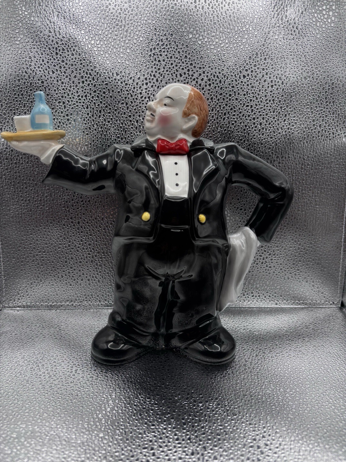 9” Vintage Ceramic Waiter Maitre D Tuxedo Figurine Tray Bottle Glass China