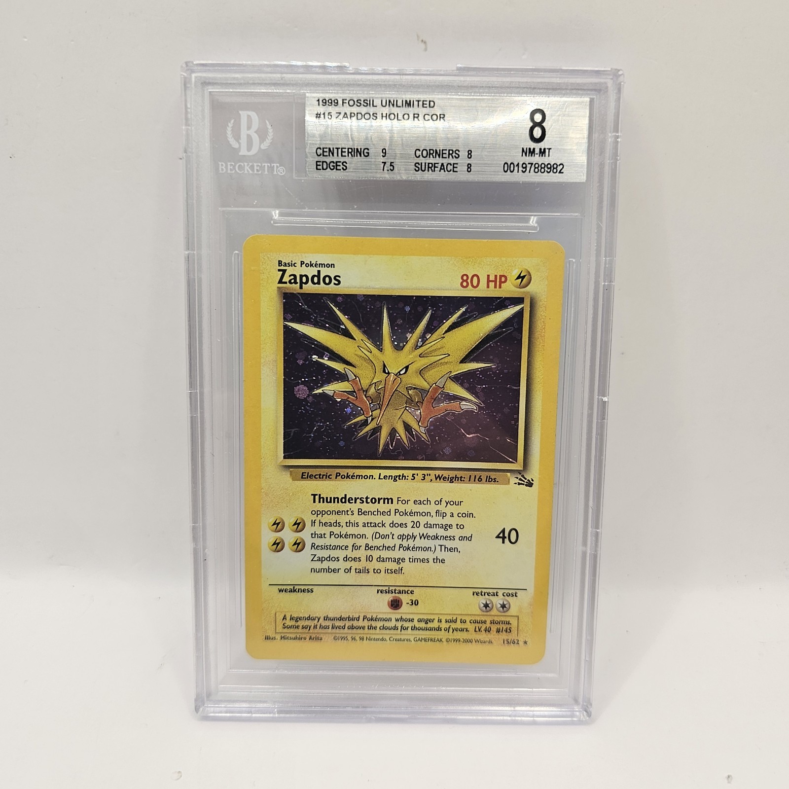 Pokemon Card Zapdos 15/62 Fossil BGS 8 NM-MT Cosmos Holo ENG