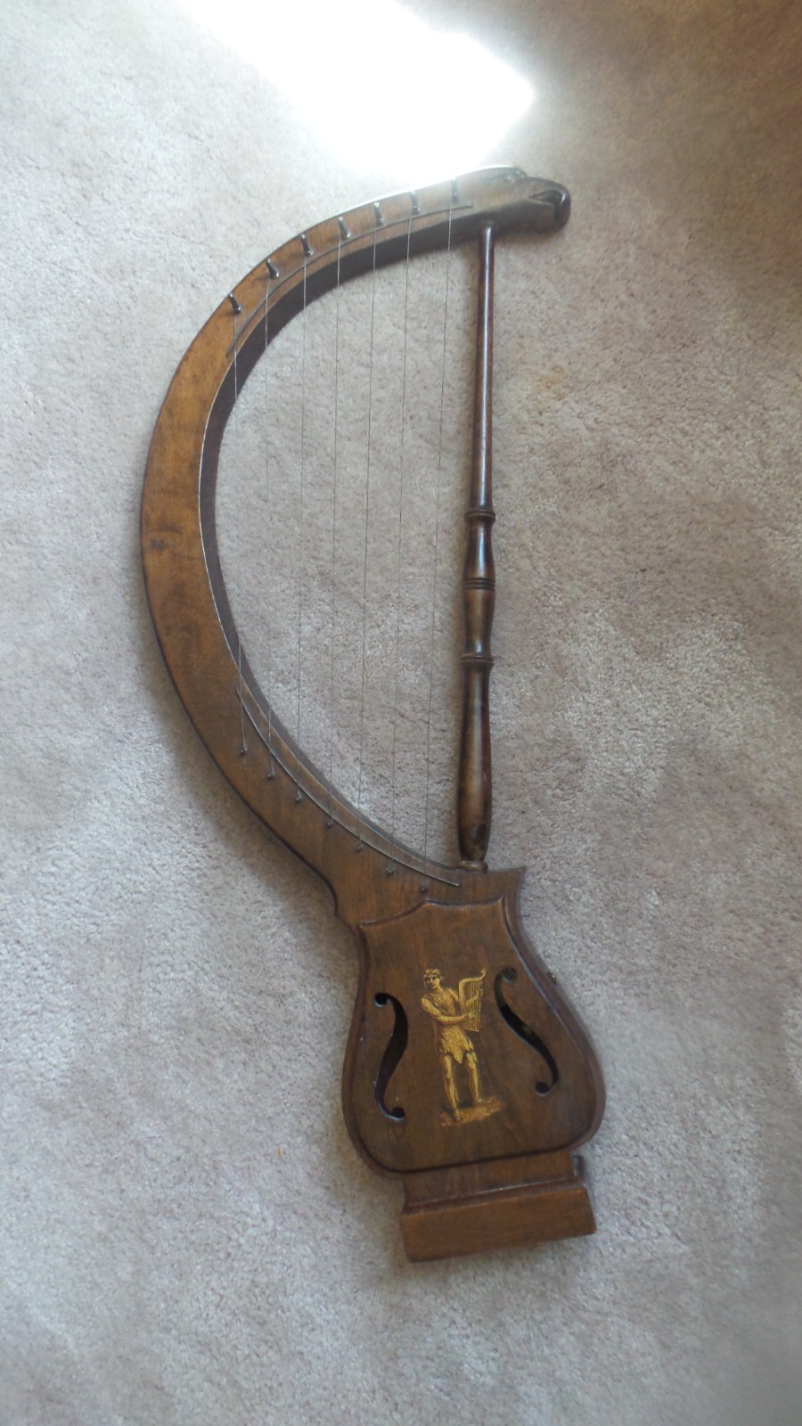 Rare Vintage Wood Harp w/Music box, working. Great vintage design and graphics. 