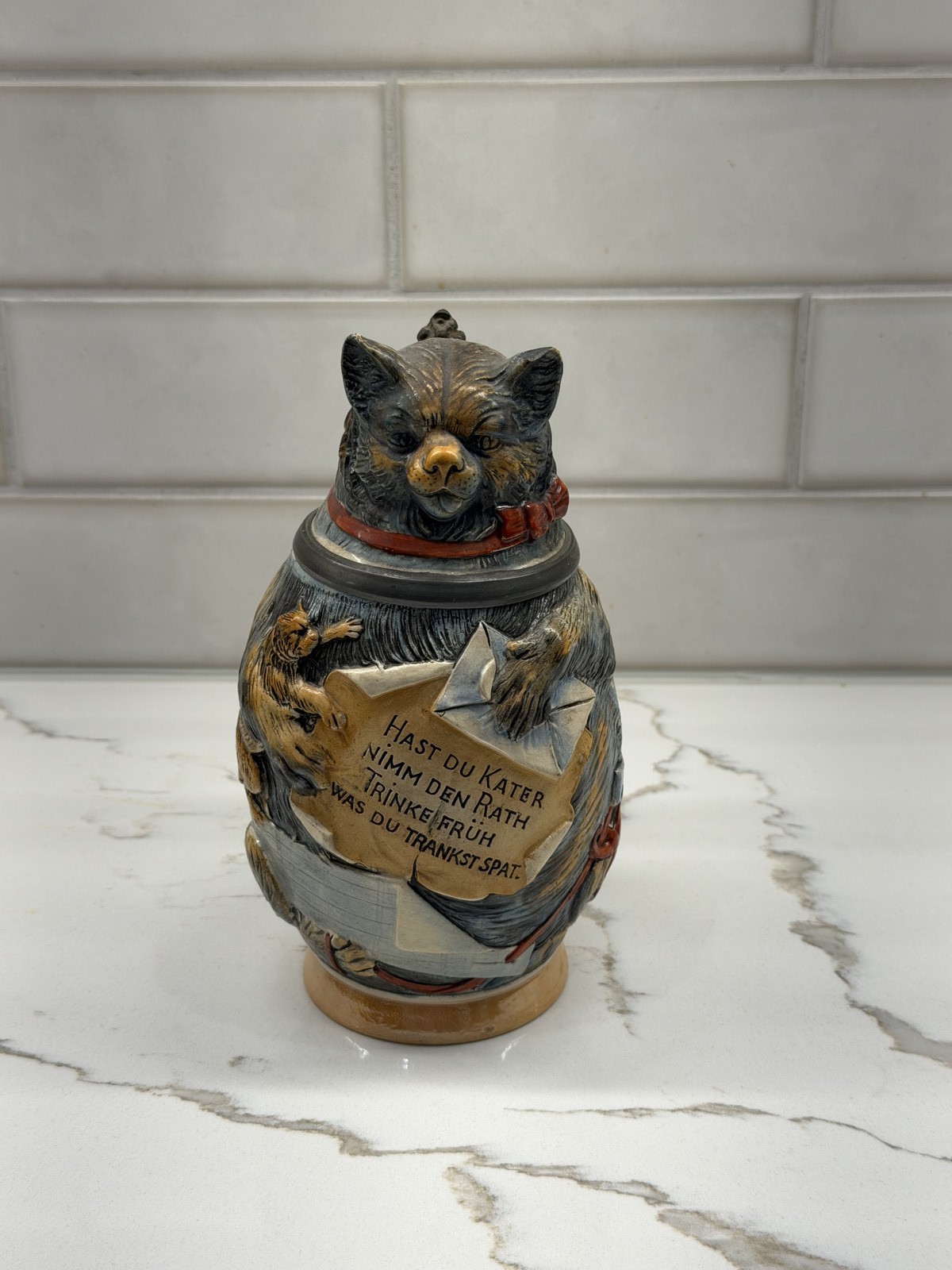Antique German cat Character Beer Stein Pewter Mounts Hangover Verse Tankard