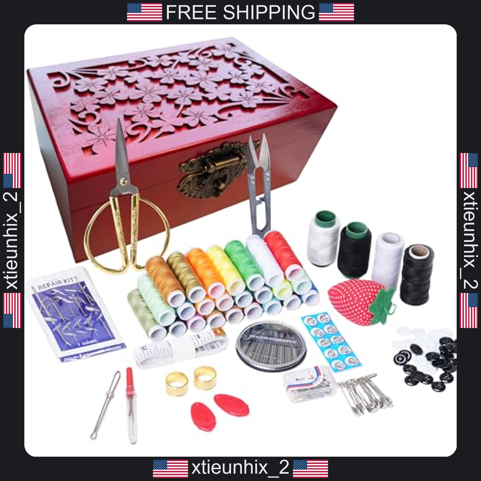 Wooden Sewing Kit Box with Needles Pins Buttons and Accessories