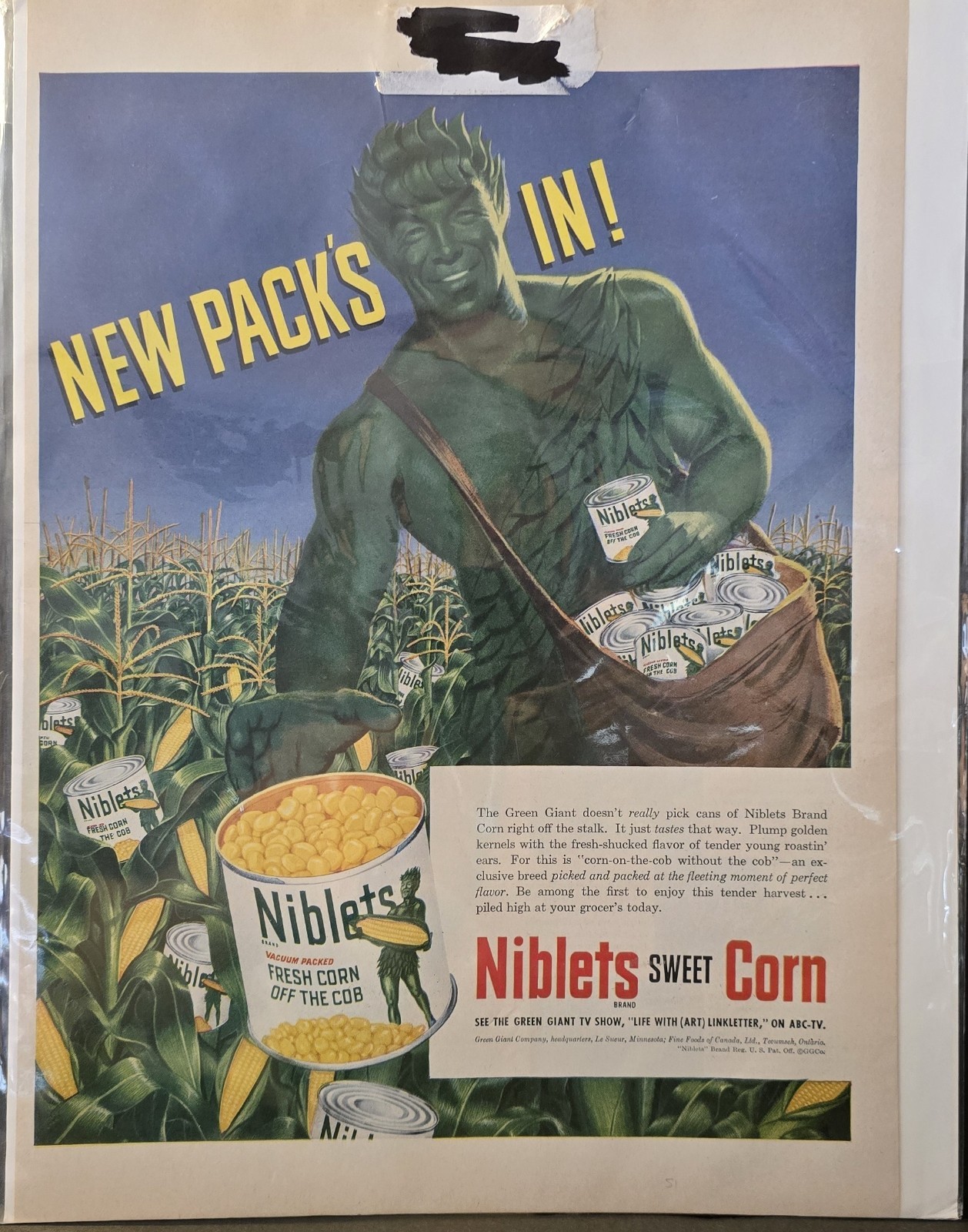 Vintage Green Giant 1951 Niblets Sweet Corn Advertisement Exc Cond Used