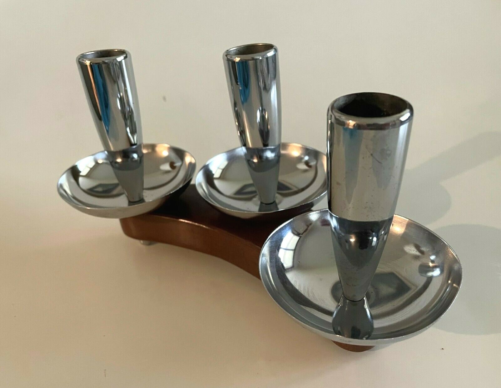 1950s MCM Wood Boomerang with 3 Chrome CANDLE HOLDERS by Milbern Creations JAPAN