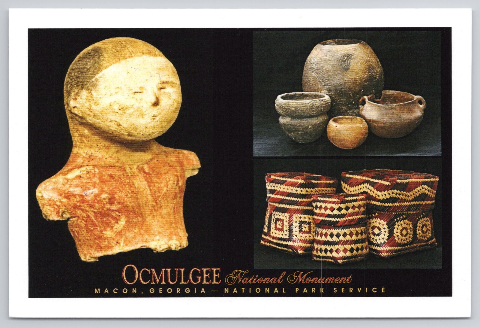 Ocmulgee National Monument Postcard Macon GA Artifacts Baskets Pottery Effigy