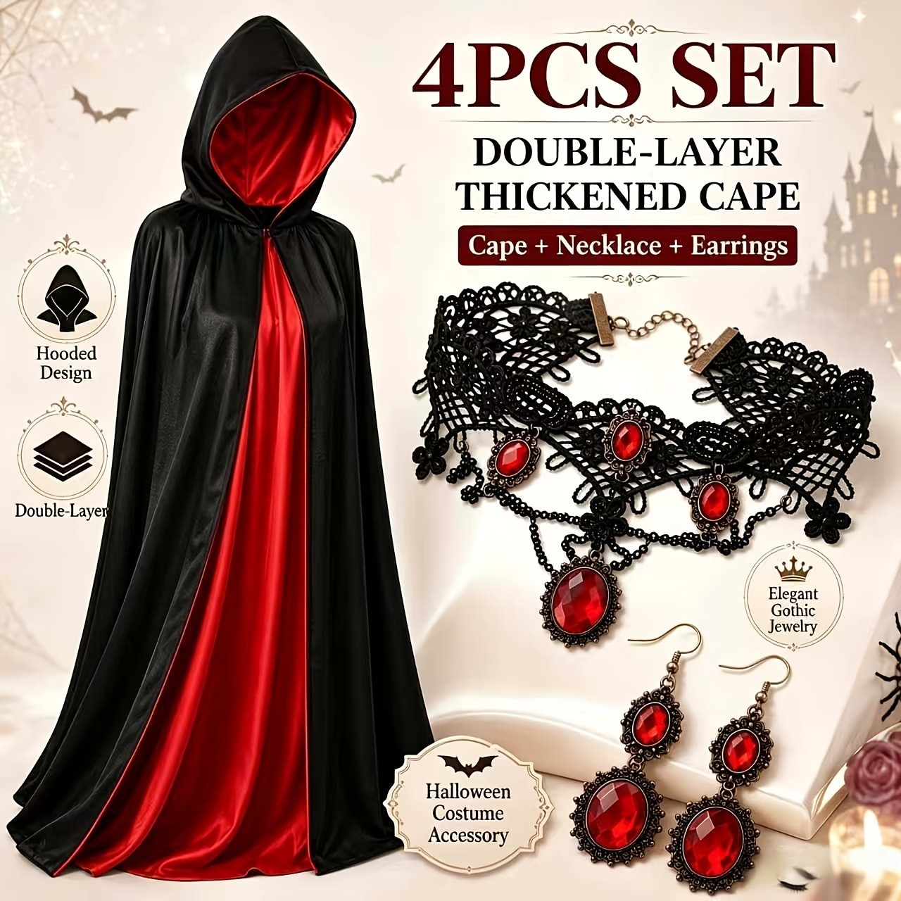 4Pcs Gothic Halloween Hooded Cloak Lace Choker Earrings Vampire Costume Prop US
