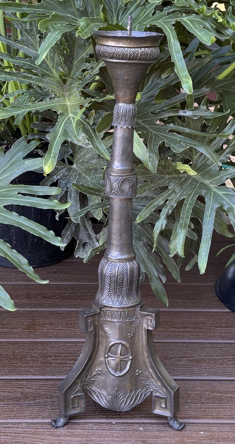 Antique 18th or 19th Century Pressed Brass Pricket Candlestick w/ Wood Log Core Antique 18th or 19th Century Pressed Brass Pricket Candlestick w/ Wood Log Core