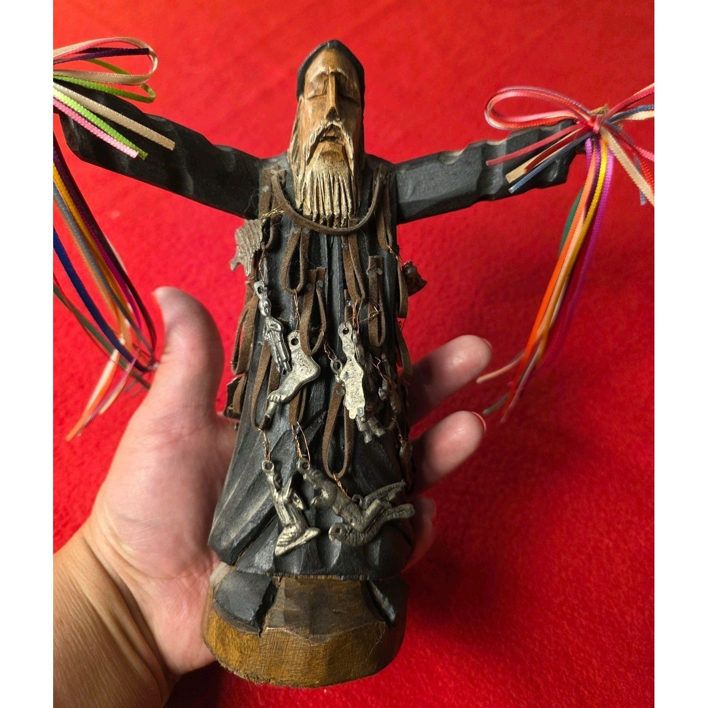 Vintage San Charbel Statue with Milagros Hand Carved Wood Mexico Folk Art Vintage San Charbel Statue with Milagros Hand Carved Wood Mexico Folk Art