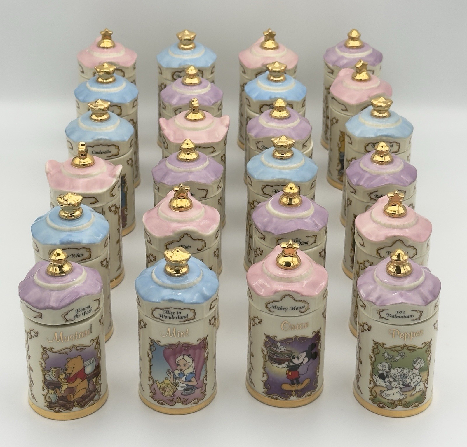 Disney Ceramic Spice Jar Set 24pcs With Lids Vintage Mickey Pooh Dalmatians Disney Ceramic Spice Jar Set 24pcs With Lids Vintage Mickey Pooh Dalmatians
