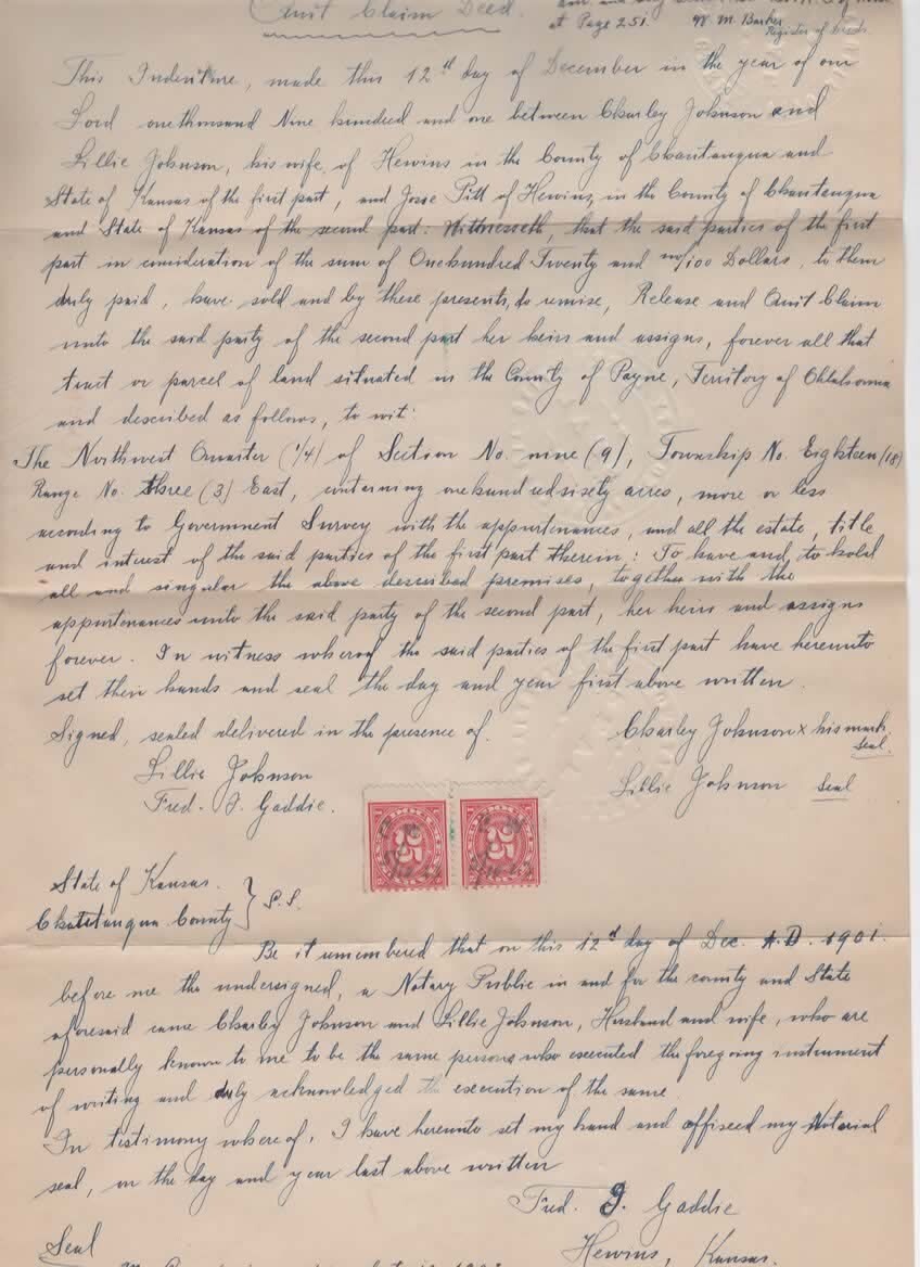 Quit Claim Deed Territory of Oklahoma 1902 hand-written copy w/revenue stamps
